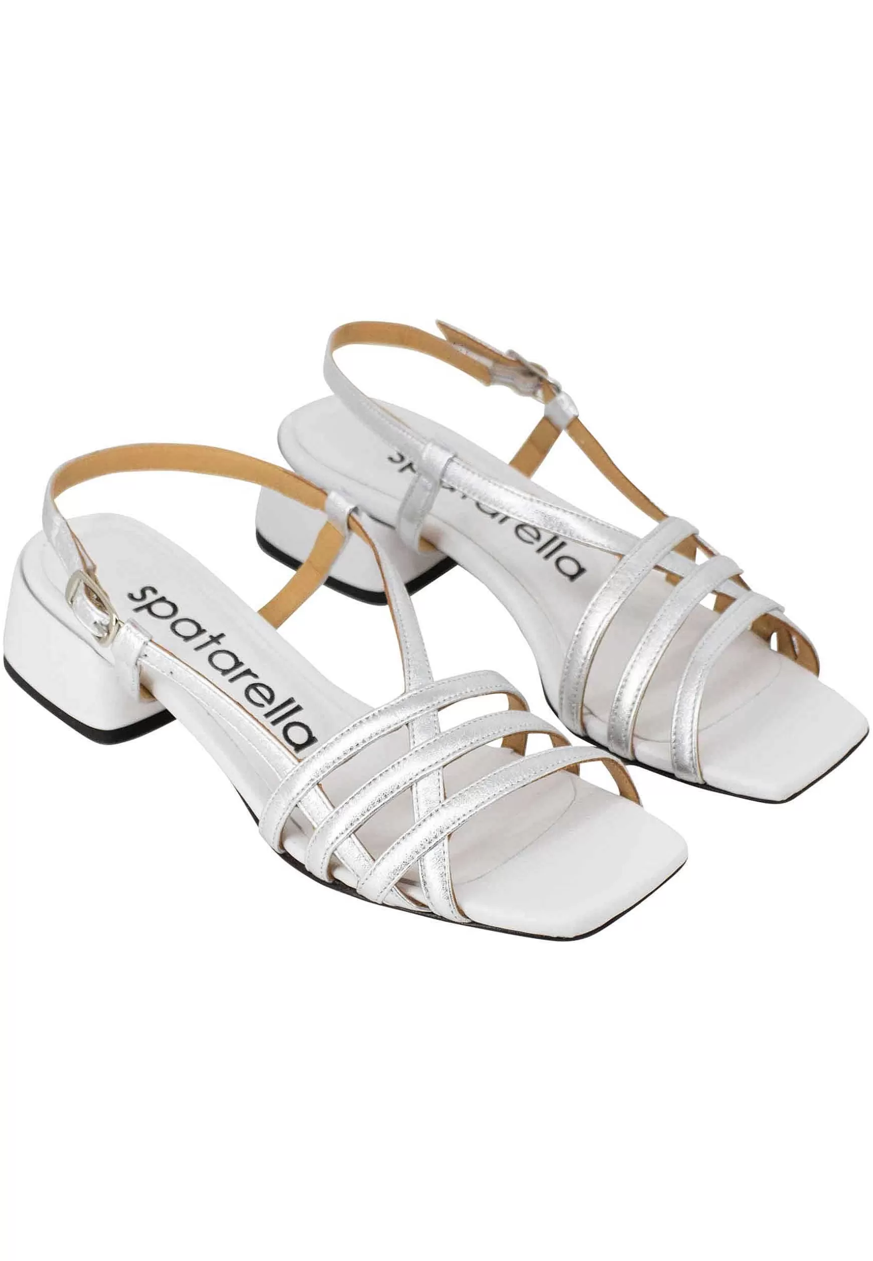 Sandali Slingback Donna In Pelle Laminata Argento Con Punta Quadra E Tacco Basso** Best