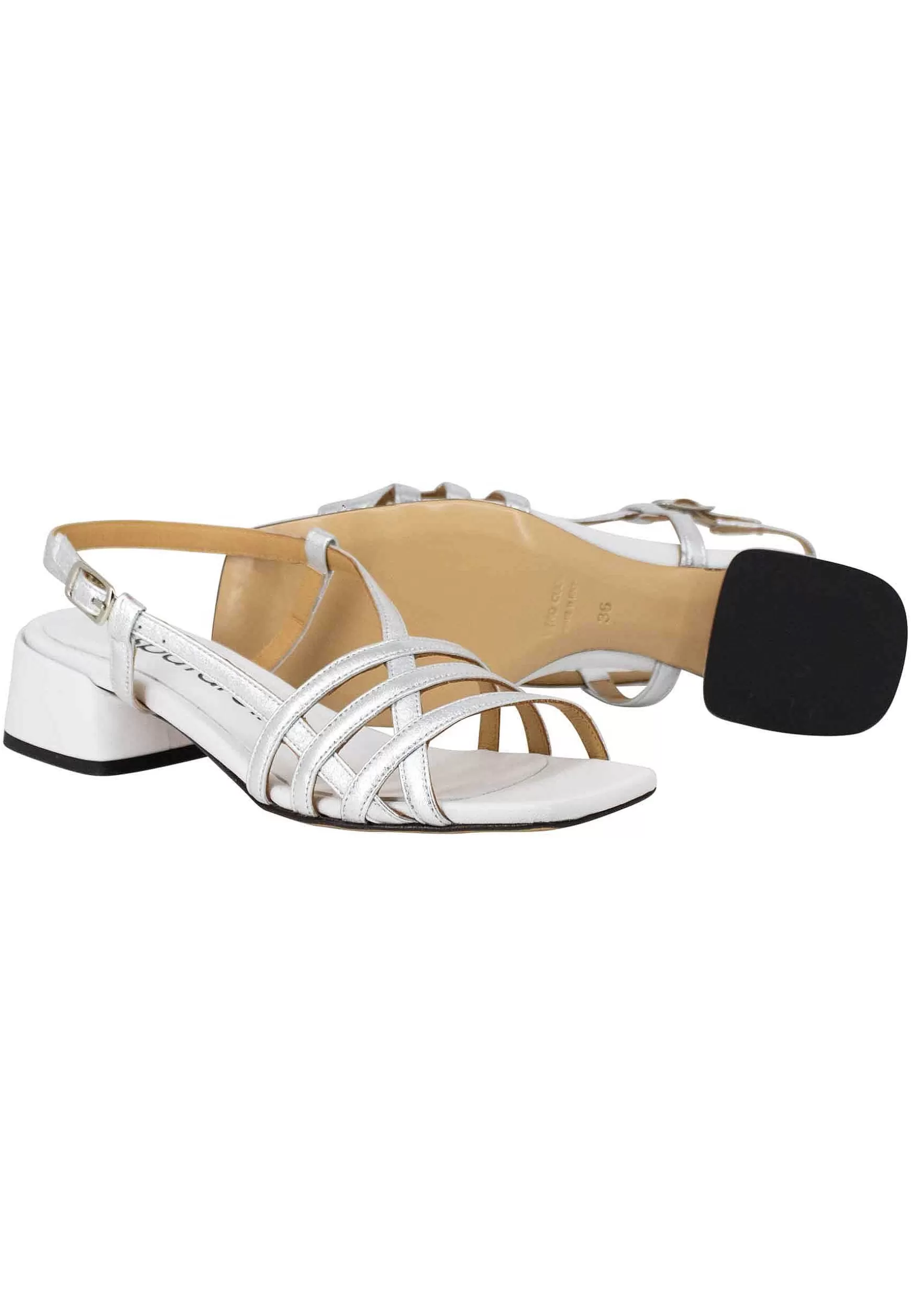 Sandali Slingback Donna In Pelle Laminata Argento Con Punta Quadra E Tacco Basso** Best
