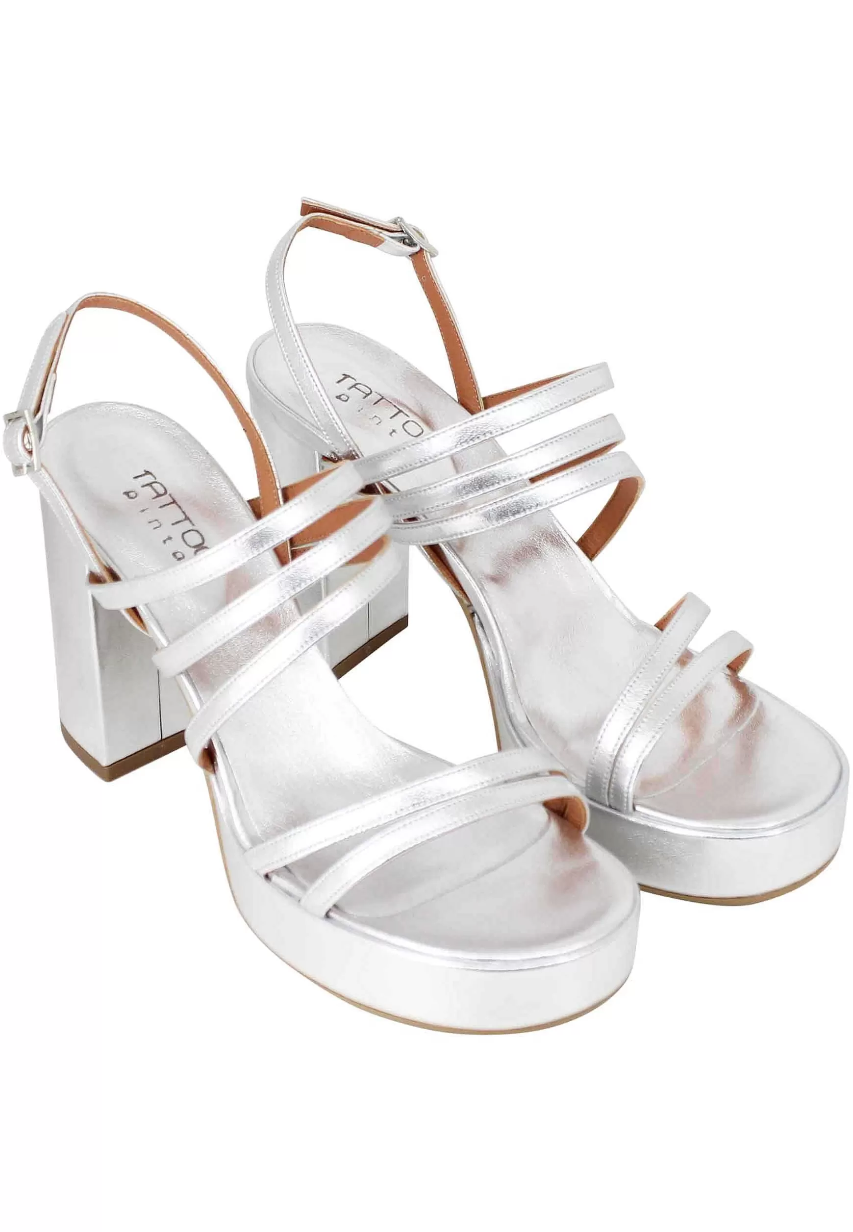 Sandali Slingback Donna In Pelle Laminata Argento Con Tacco Alto E Plateau*Tattoo Best