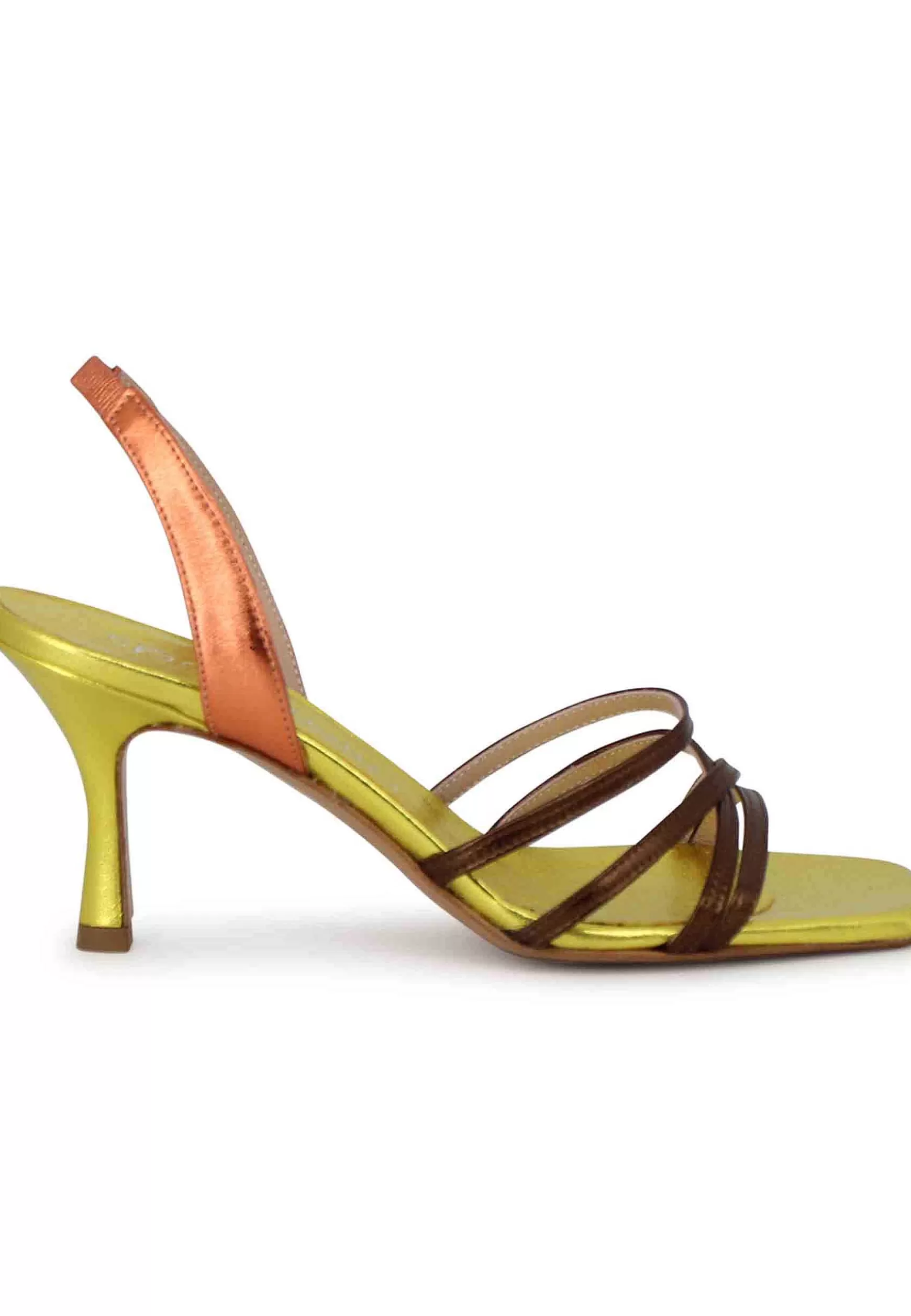 Sandali Slingback Donna In Pelle Laminata Oro Con Cinturini E Punta Quadra** New