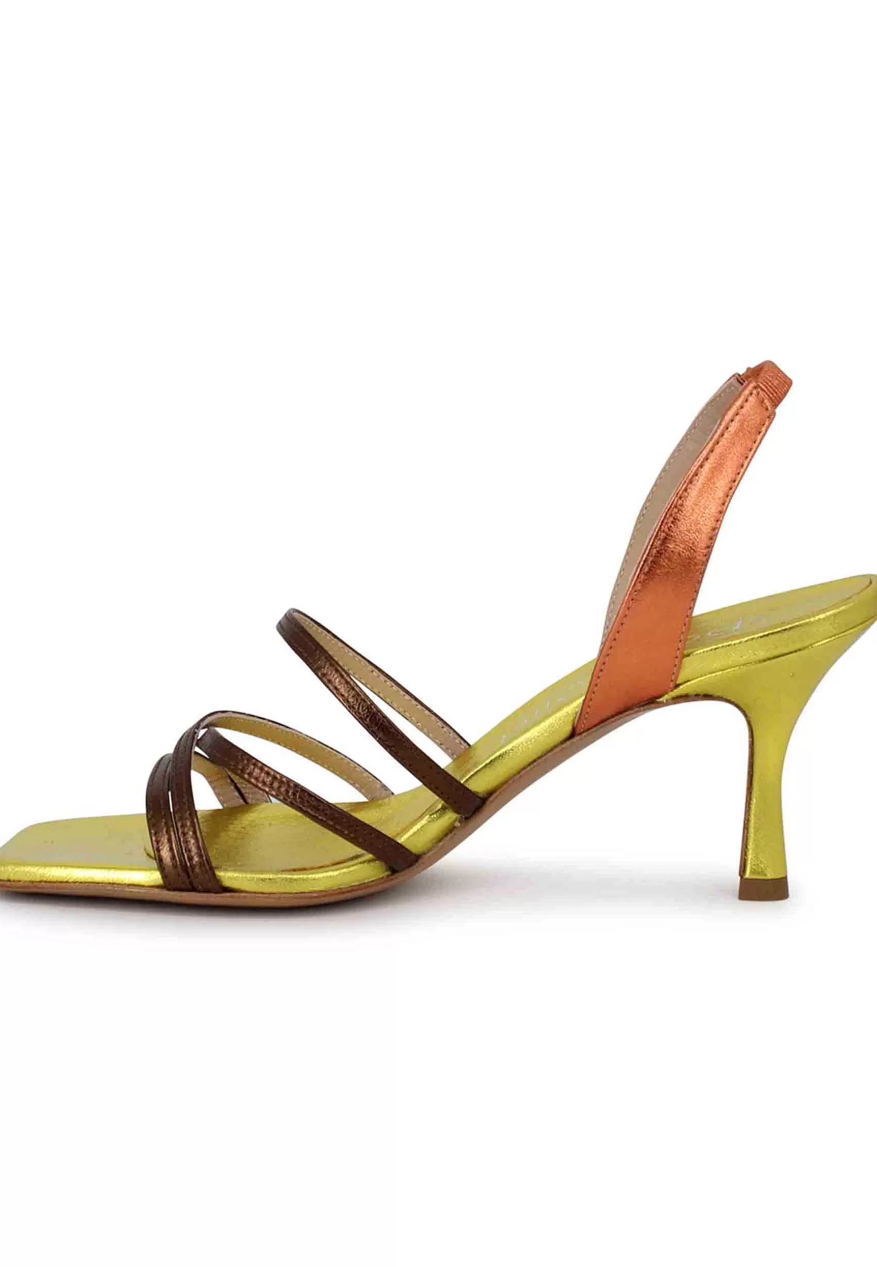 Sandali Slingback Donna In Pelle Laminata Oro Con Cinturini E Punta Quadra** New