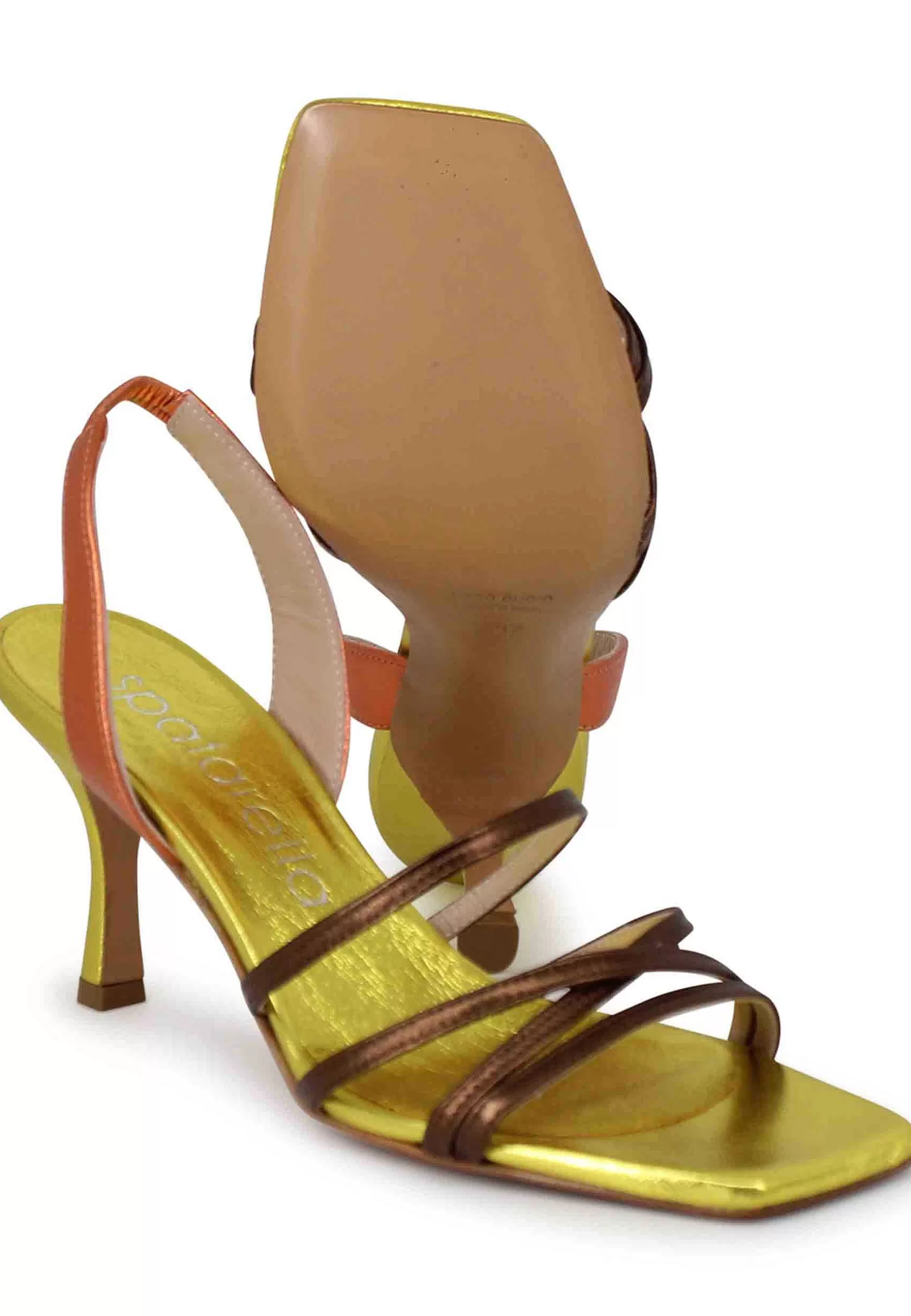 Sandali Slingback Donna In Pelle Laminata Oro Con Cinturini E Punta Quadra** New