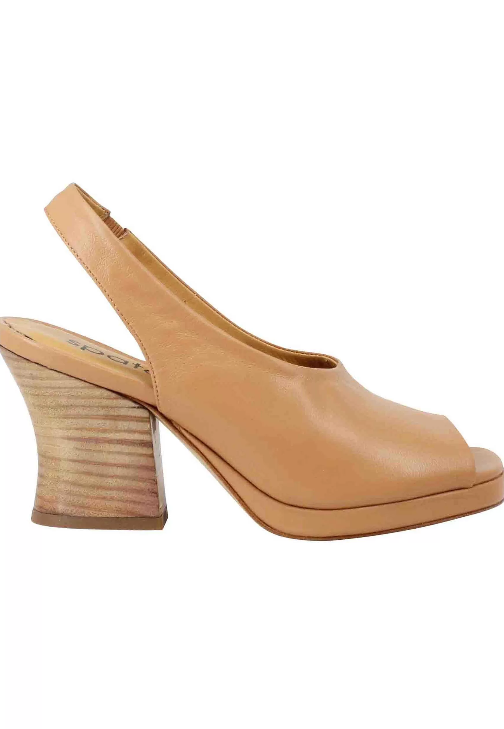 Sandali Slingback Donna In Pelle Naturale Con Tacco In Cuoio Naturale** Sale