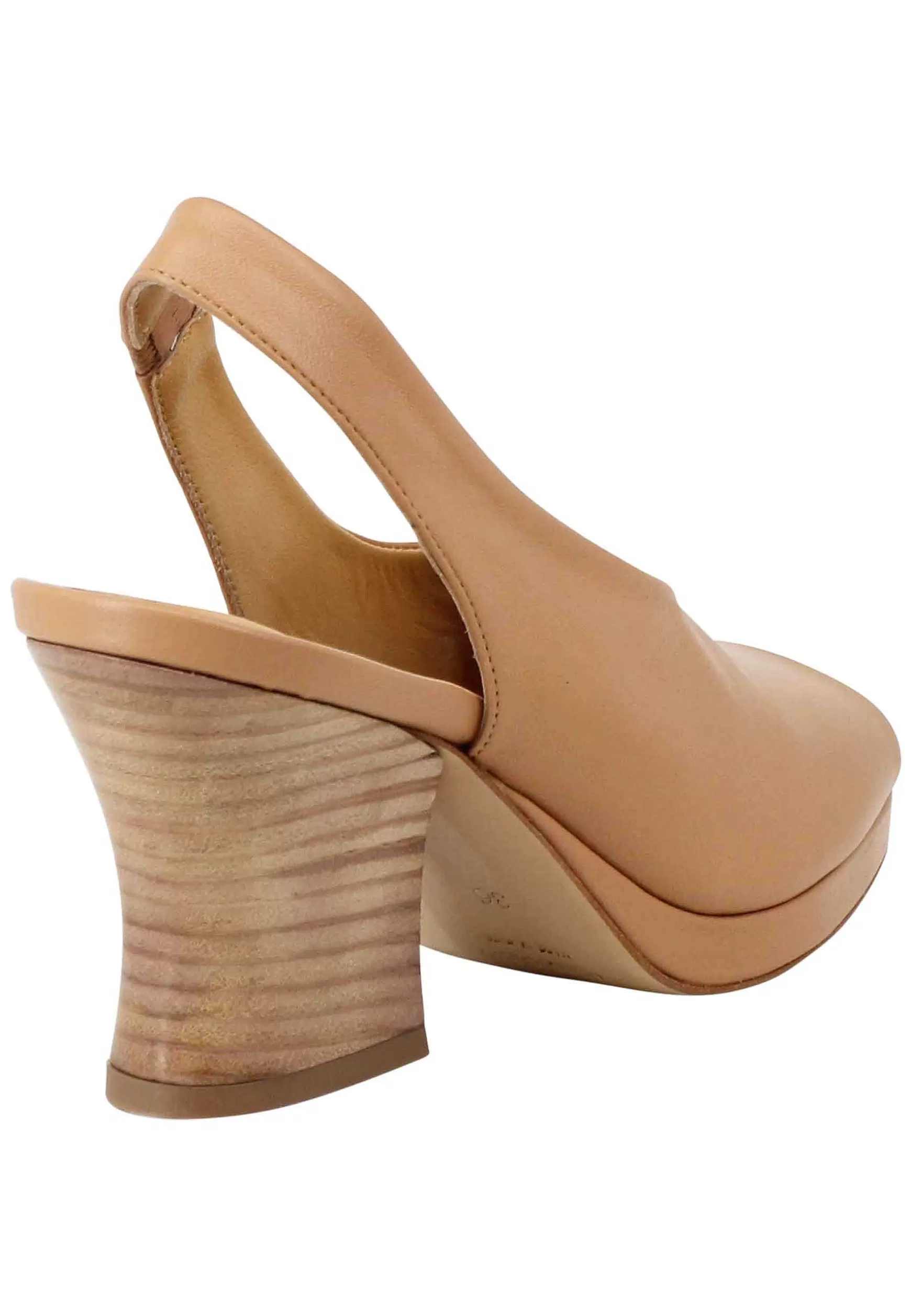 Sandali Slingback Donna In Pelle Naturale Con Tacco In Cuoio Naturale** Sale