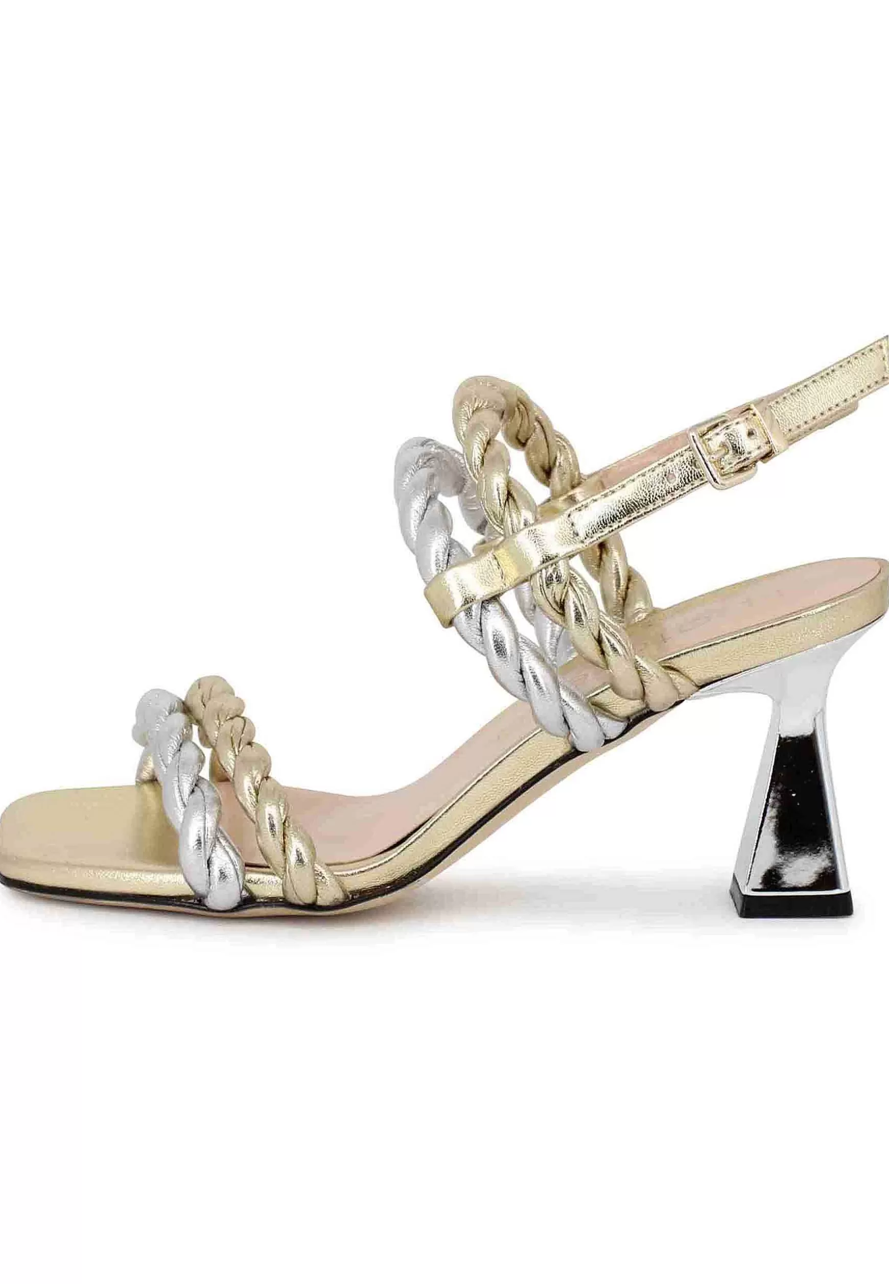 Sandali Slingback Donna In Pelle Oro E Argento Con Tacco Argento** Cheap