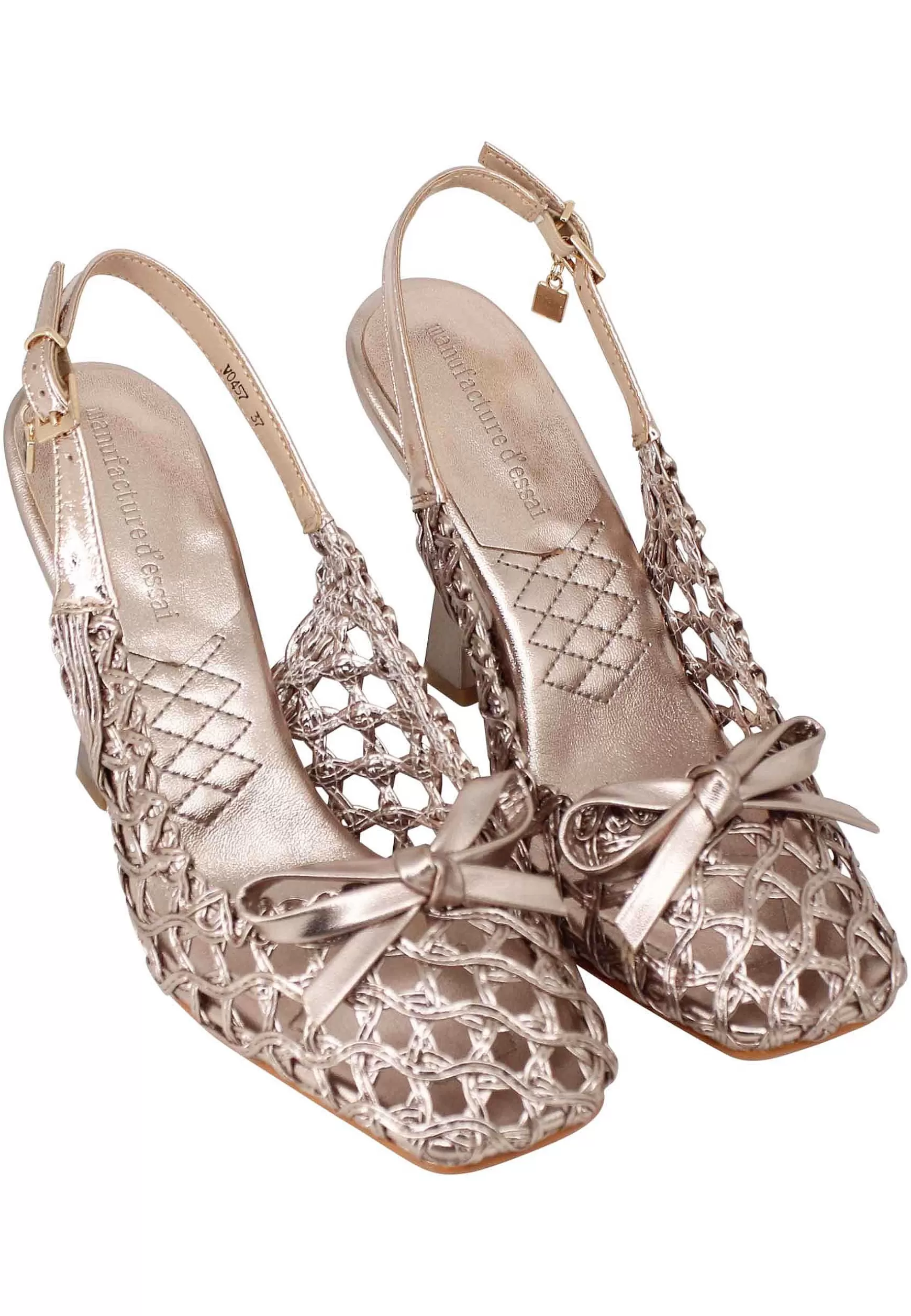 Sandali Slingback Donna In Pelle Oro Intrecciata Tacco Alto*Manufacture D Fashion