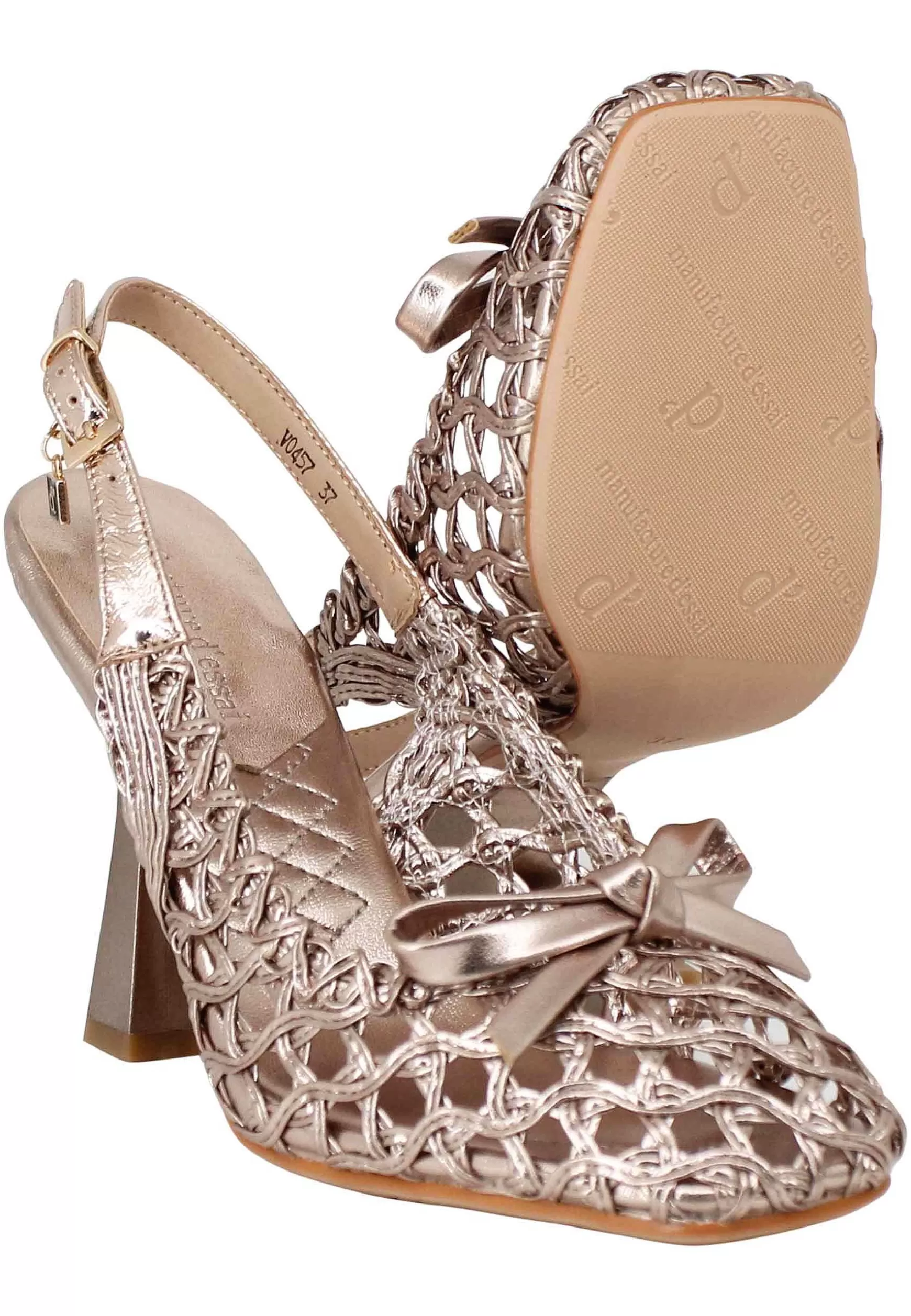 Sandali Slingback Donna In Pelle Oro Intrecciata Tacco Alto*Manufacture D Fashion