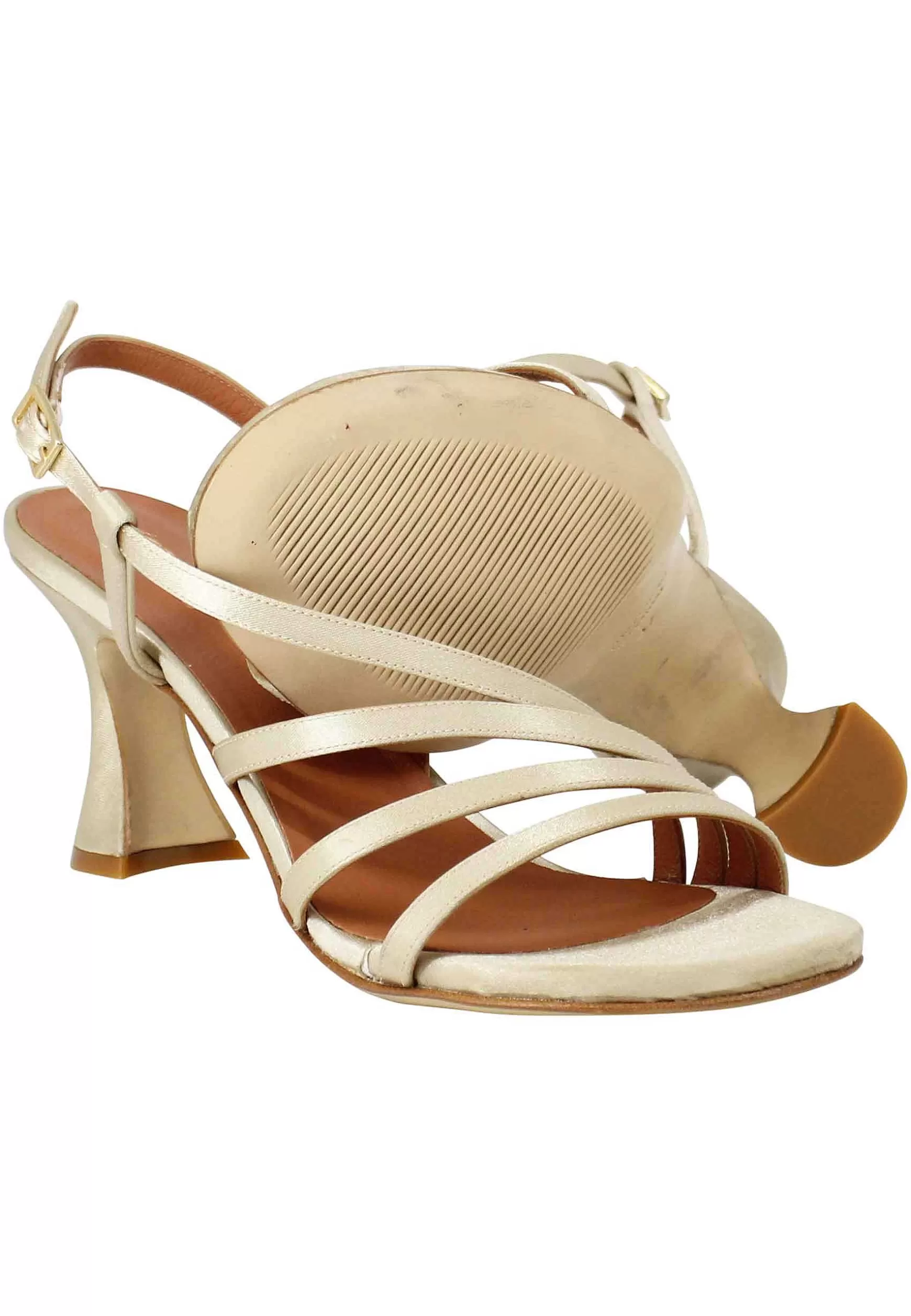 Sandali Slingback Donna In Raso Champagne E Suola In Cuoio*Tattoo Cheap