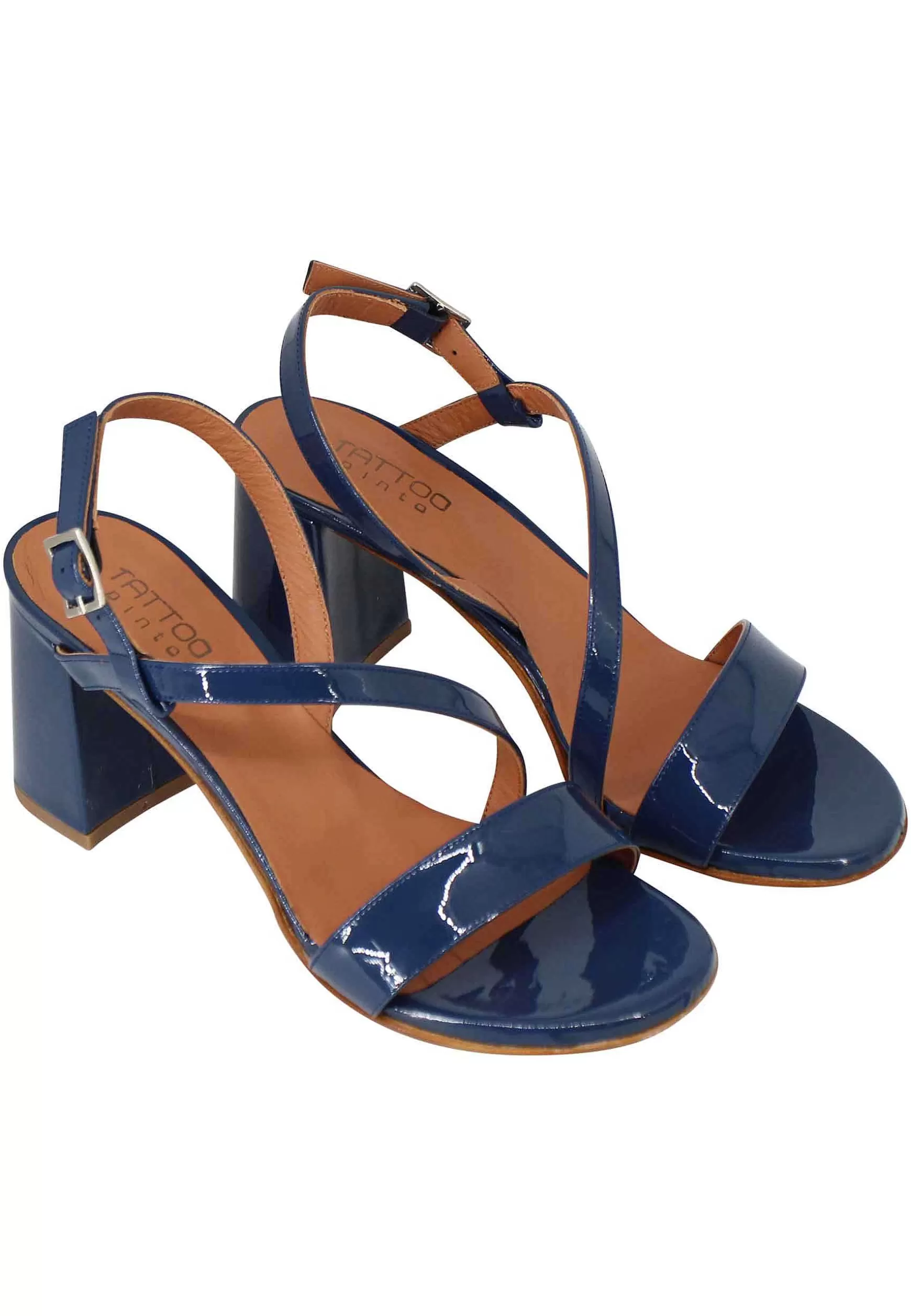 Sandali Slingback Donna In Vernice Blu Tacco Alto E Punta Tonda*Tattoo Cheap
