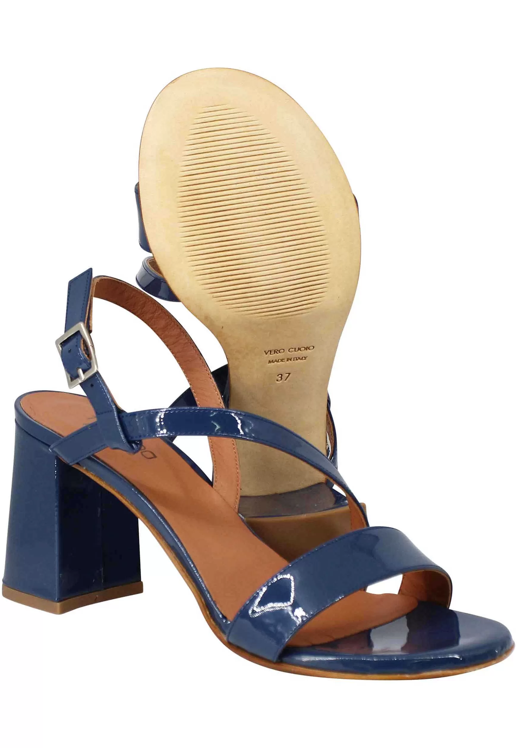 Sandali Slingback Donna In Vernice Blu Tacco Alto E Punta Tonda*Tattoo Cheap