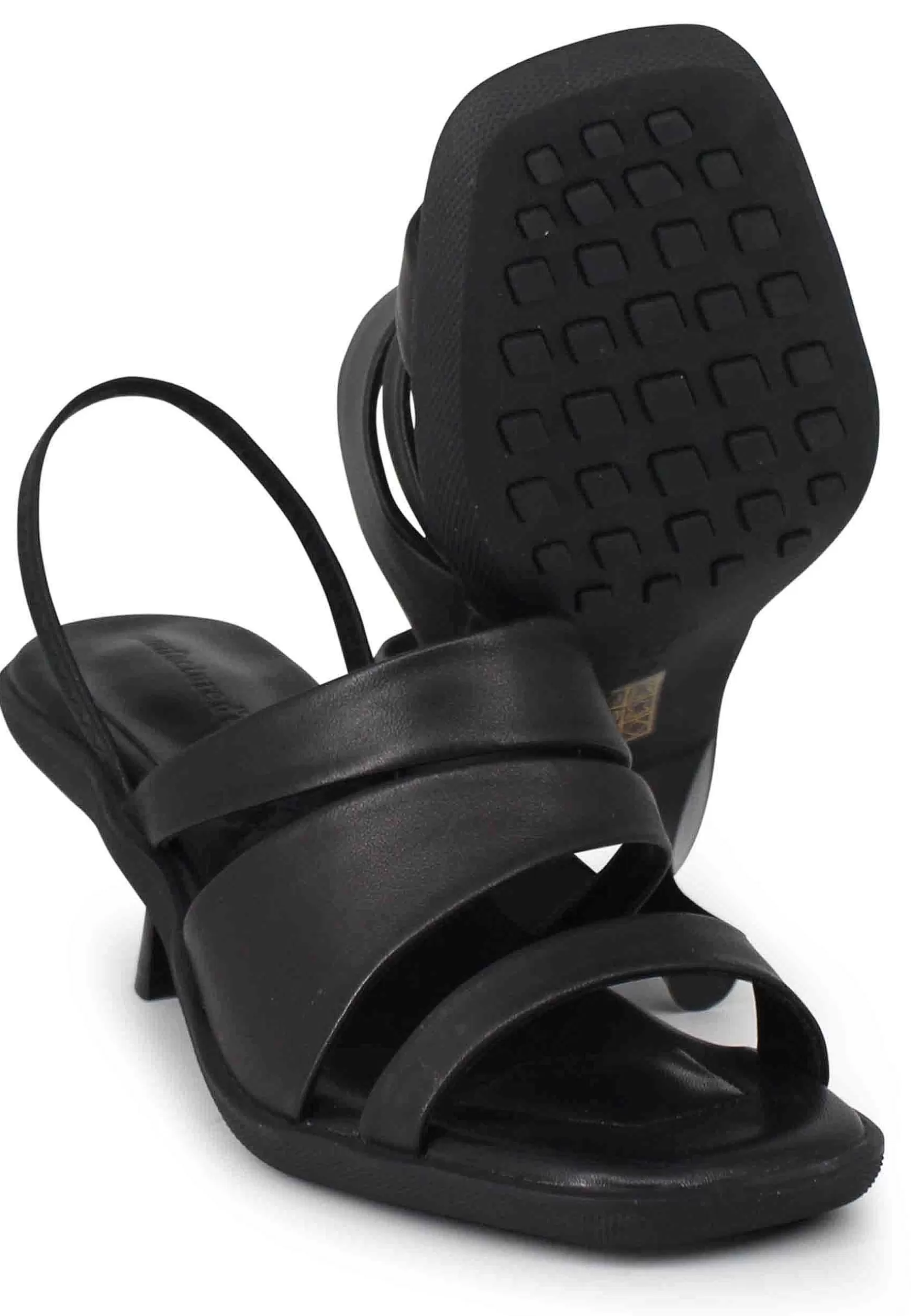 Sandali Slingbak Donna In Pelle Nera Con Suola In Gomma E Tacco Colorato*Manufacture D Store