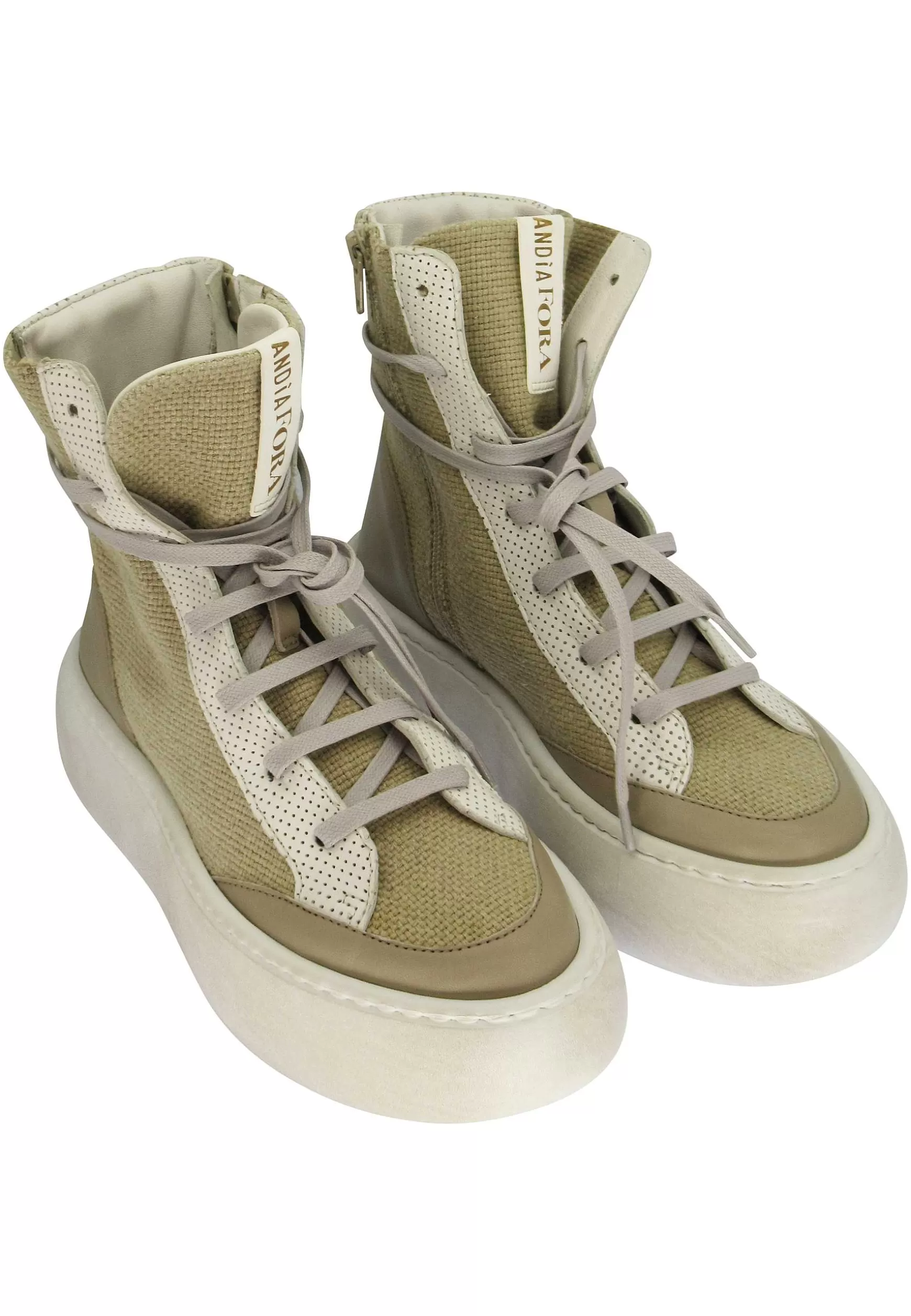 Sneakers Donna A Stivaletto In Tessuto Naturale E Pelle Off White Con Zeppa*Andia Fora Online