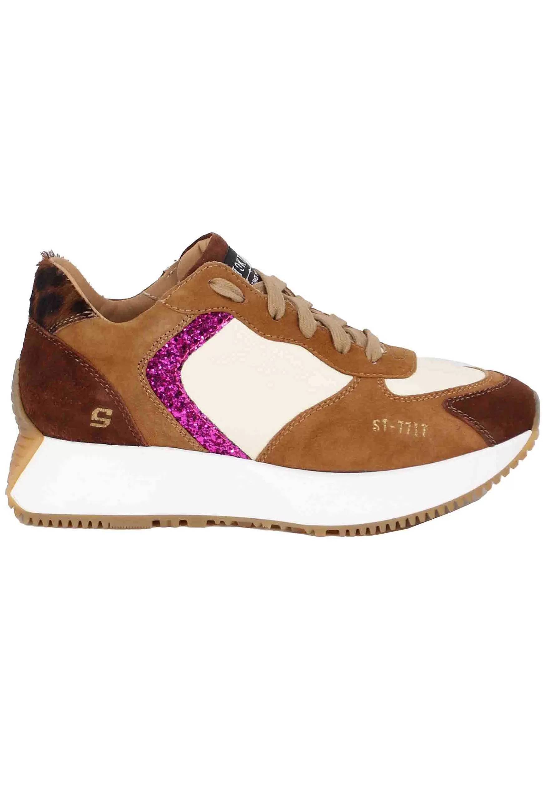 Sneakers Donna In Camoscio Cuoio E Pelle Avorio Con Zeppa In Gomma*Stokton Discount