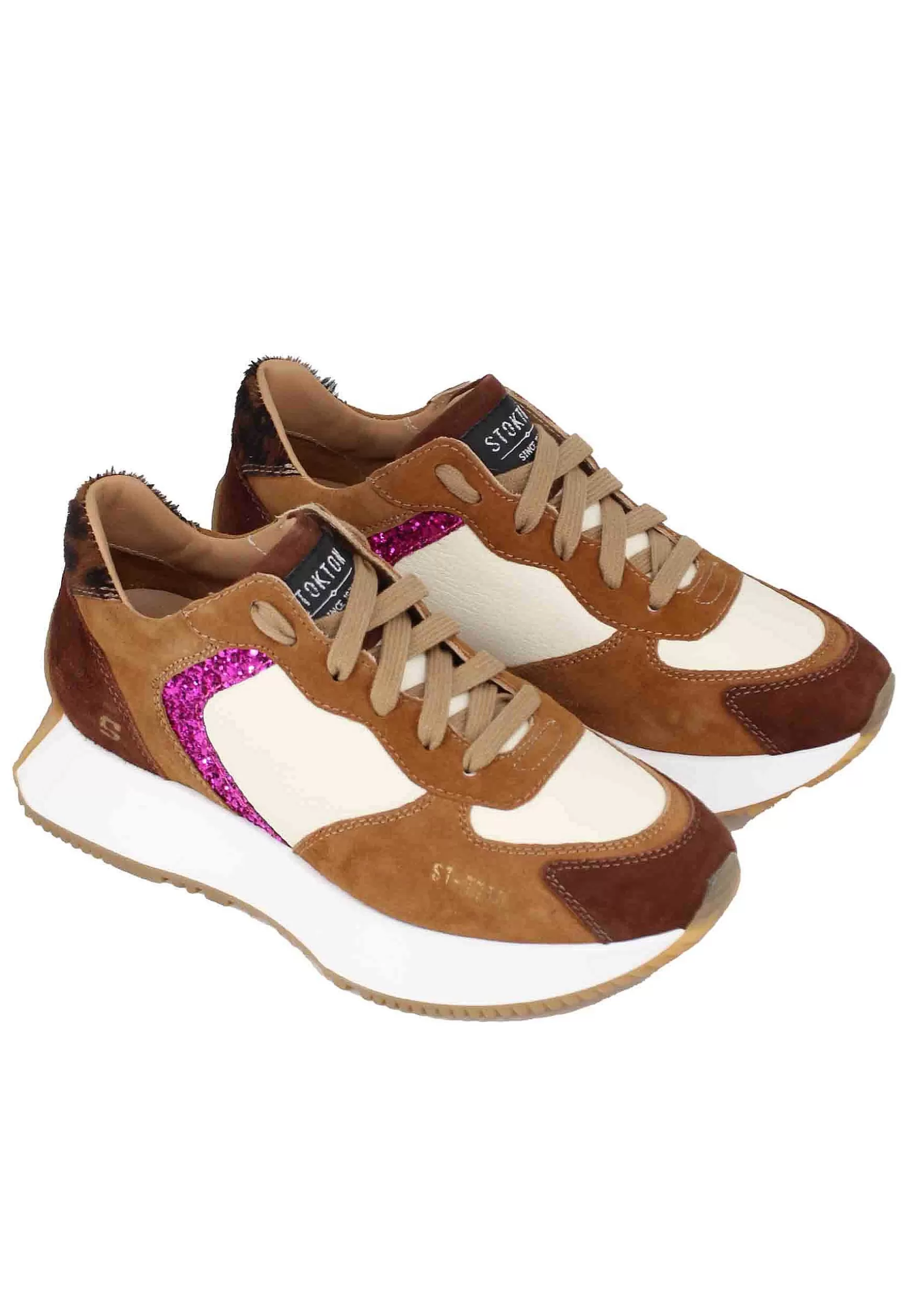 Sneakers Donna In Camoscio Cuoio E Pelle Avorio Con Zeppa In Gomma*Stokton Discount