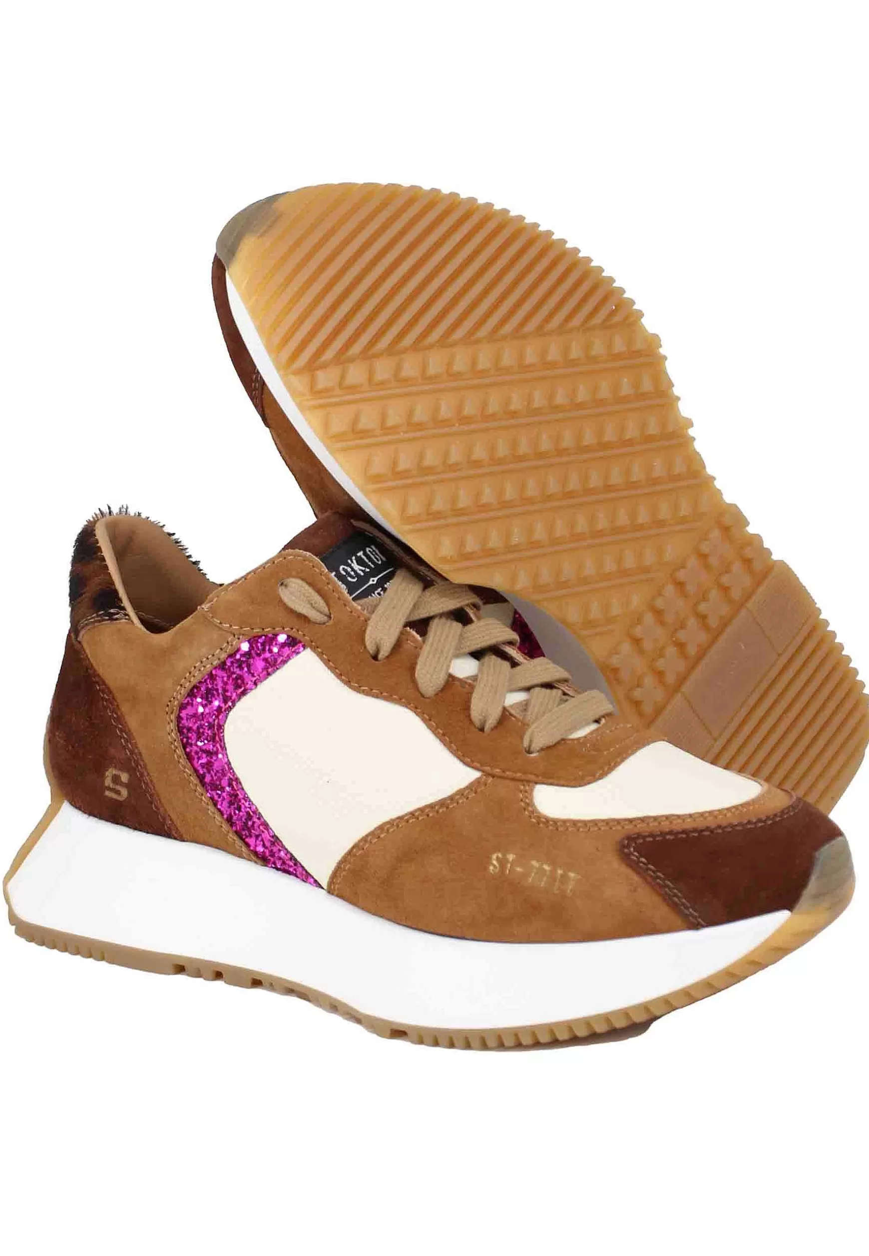 Sneakers Donna In Camoscio Cuoio E Pelle Avorio Con Zeppa In Gomma*Stokton Discount