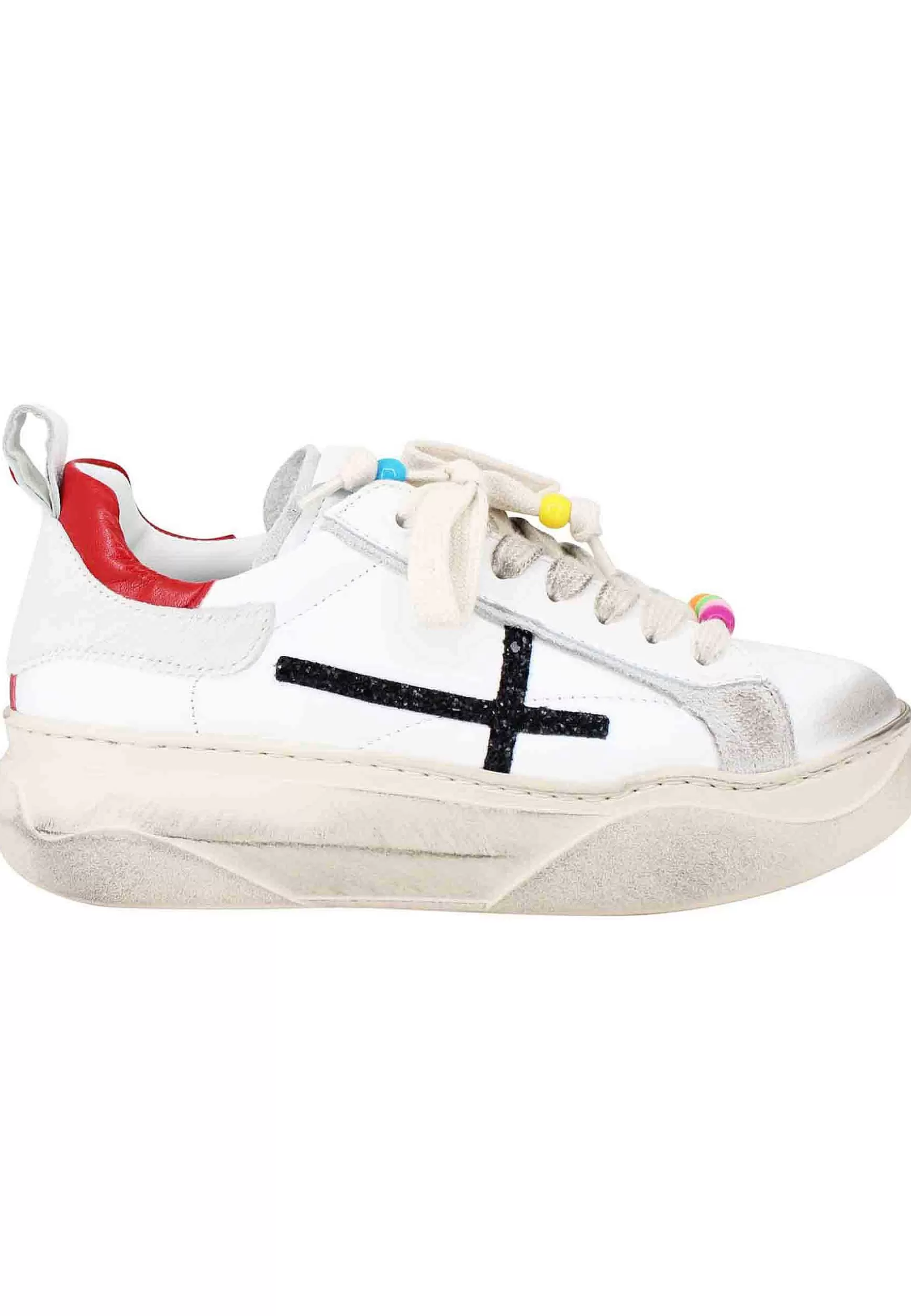 Sneakers Donna In Pelle Bianco Effetto Vintage Con Accessorio In Glitter Nero*Gio + Cheap