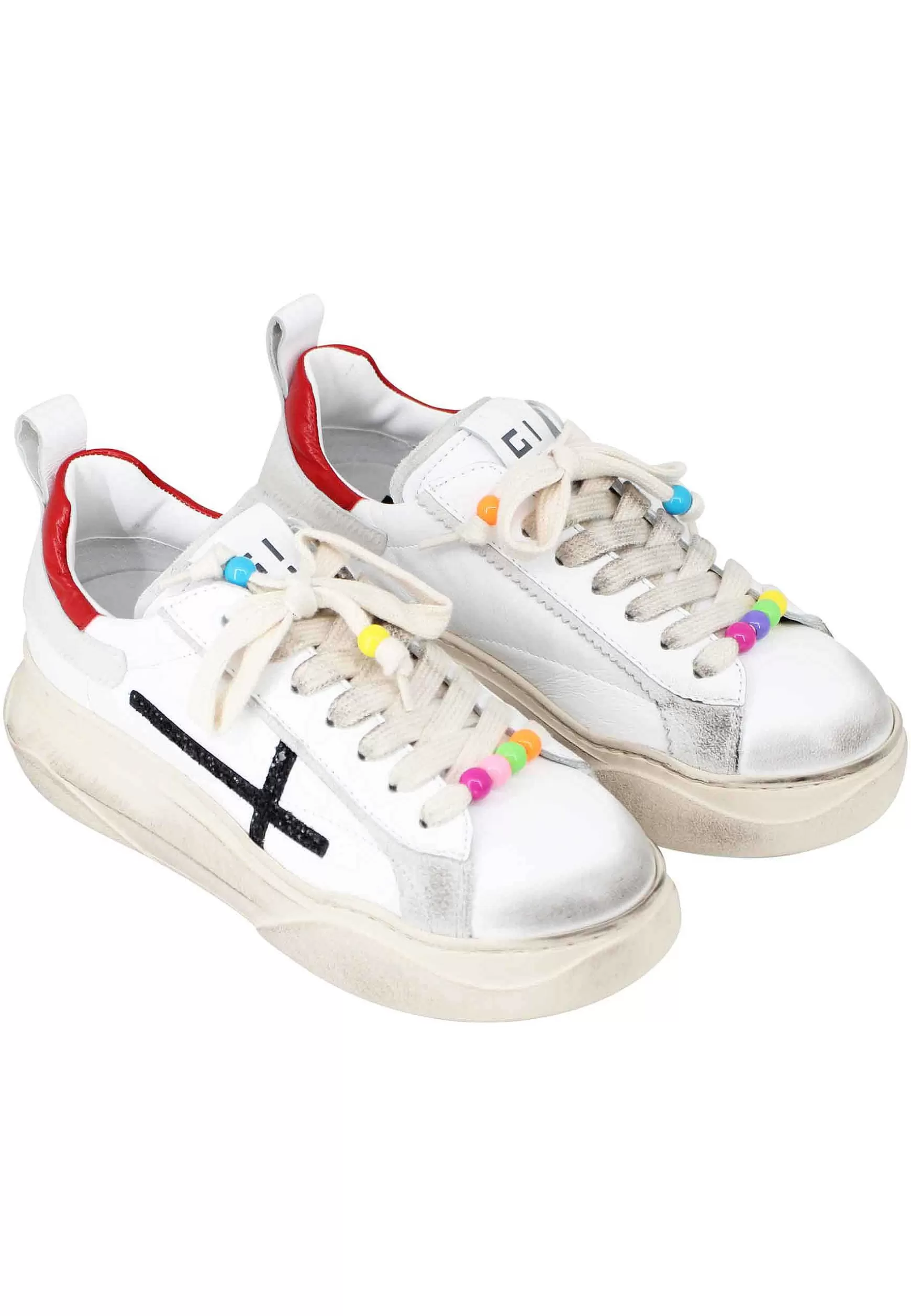 Sneakers Donna In Pelle Bianco Effetto Vintage Con Accessorio In Glitter Nero*Gio + Cheap