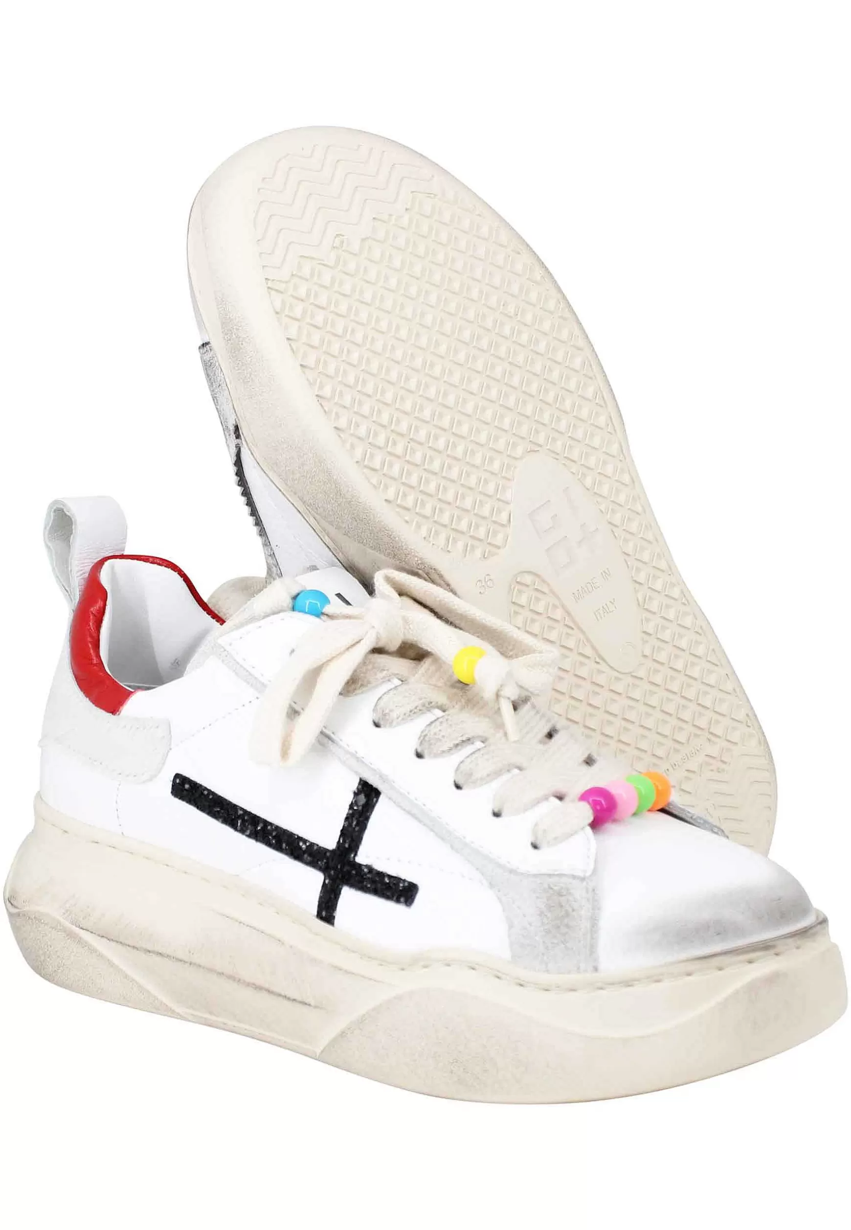 Sneakers Donna In Pelle Bianco Effetto Vintage Con Accessorio In Glitter Nero*Gio + Cheap