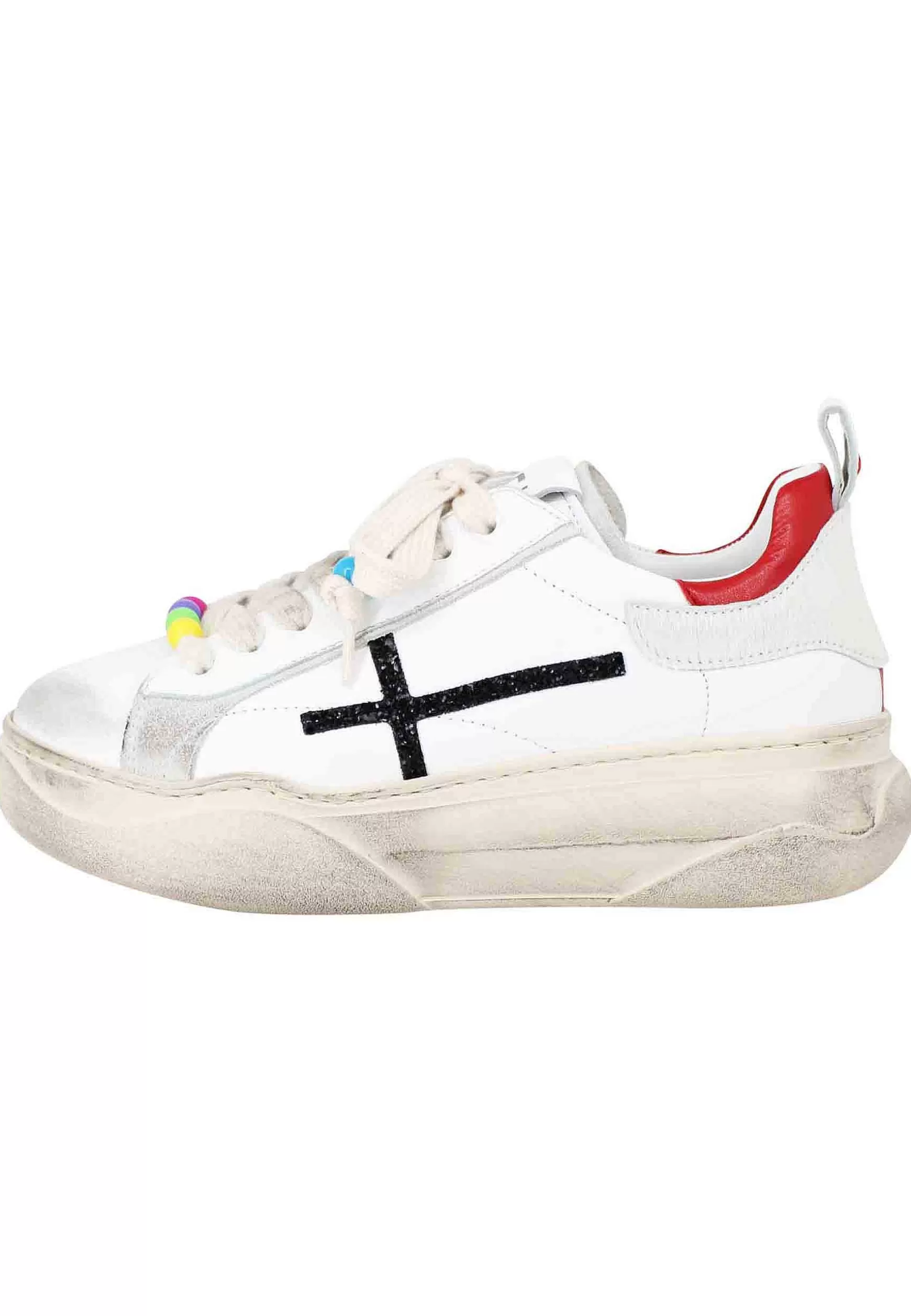 Sneakers Donna In Pelle Bianco Effetto Vintage Con Accessorio In Glitter Nero*Gio + Cheap