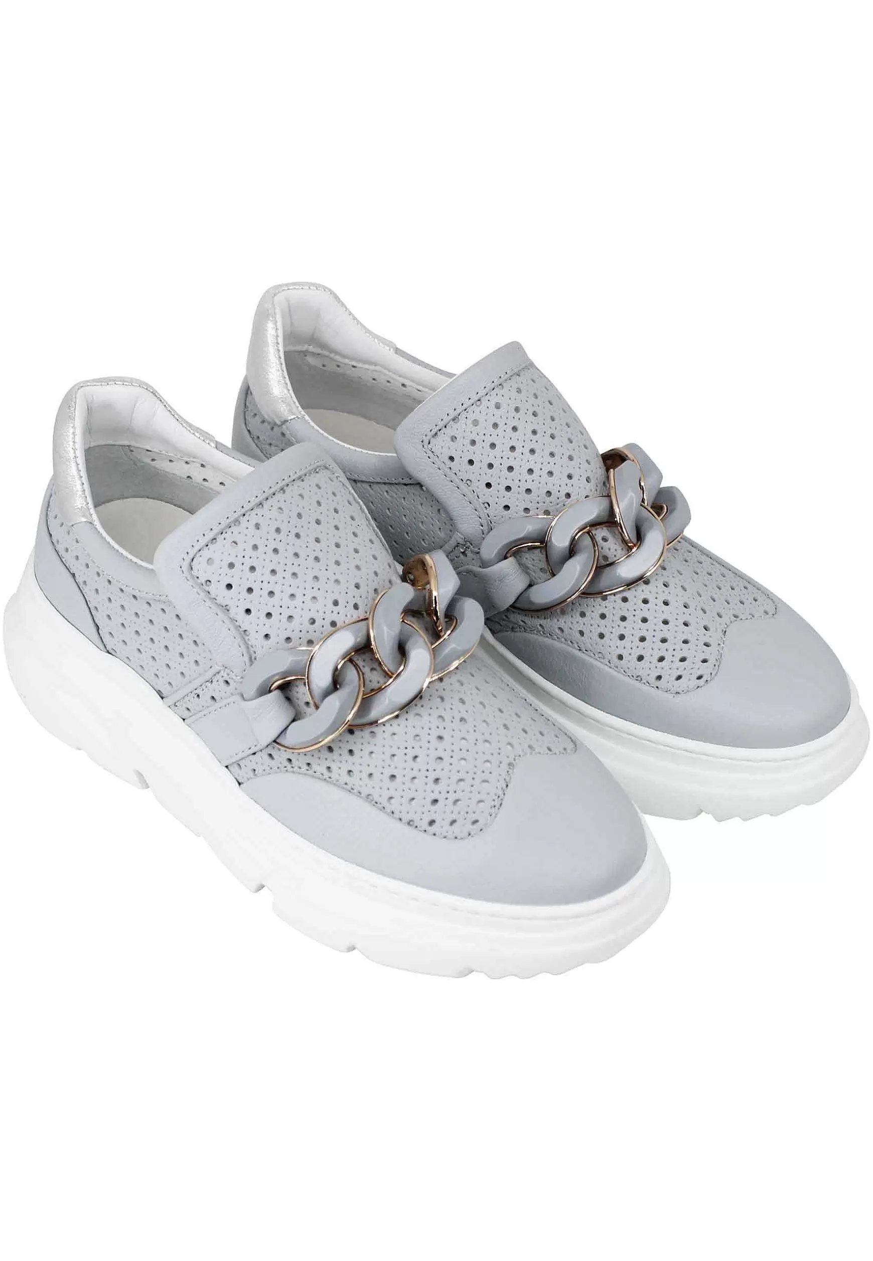 Sneakers Donna In Pelle Celeste Forata Con Catena Tono Su Tono*Stokton Cheap