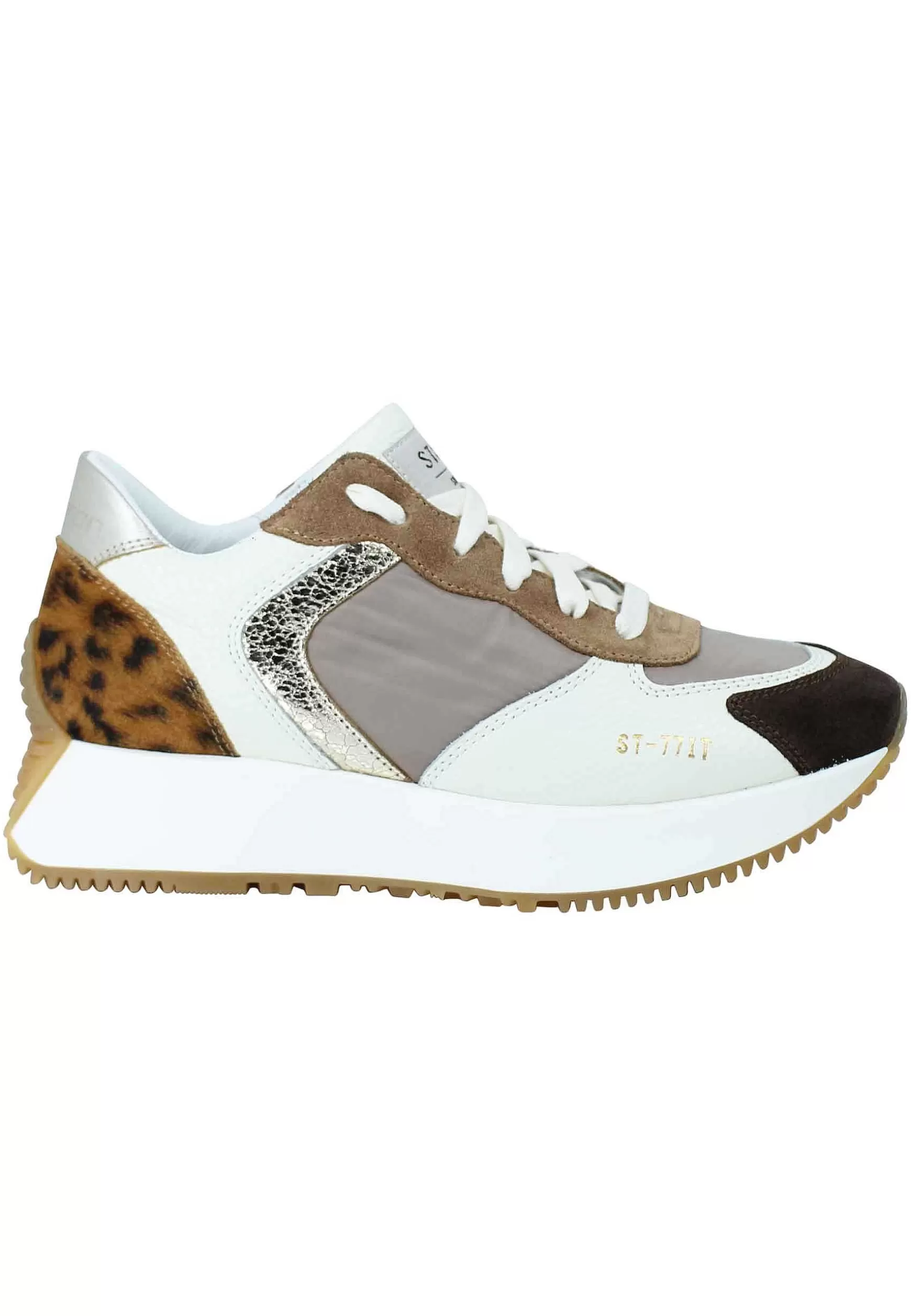 Sneakers Donna In Pelle E Tessuto Beige Con Riporto Animalier E Zeppa In Gomma*Stokton Cheap