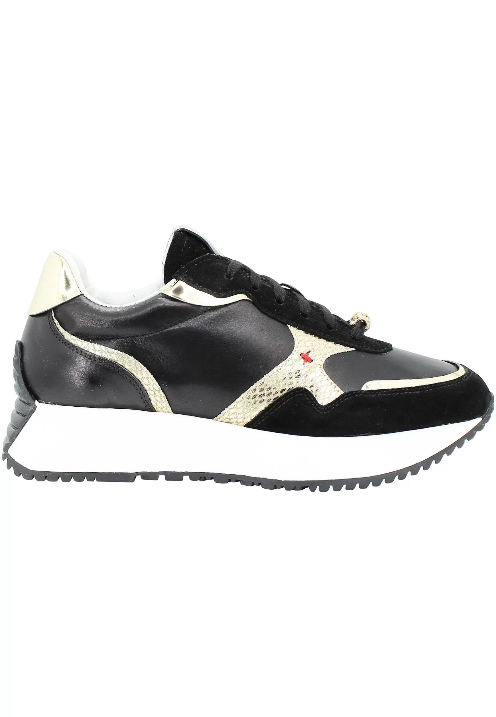 Sneakers Donna In Pelle Nera Con Riporti In Pelle Oro E Zeppa In Gomma Bianca*Gio + Best