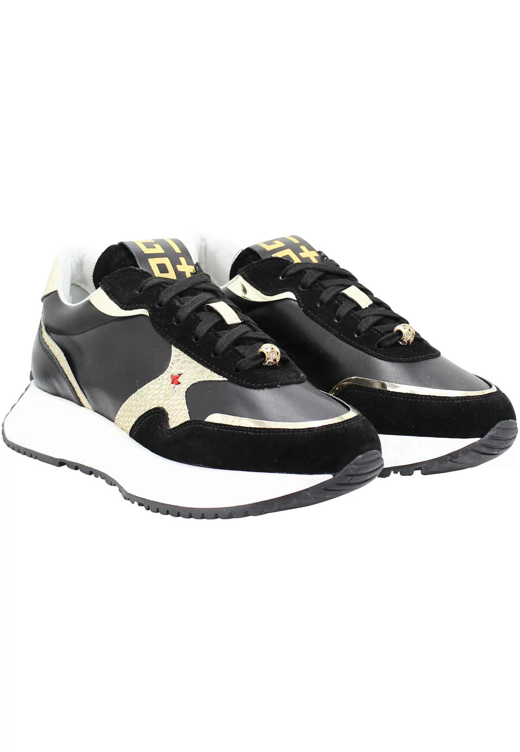 Sneakers Donna In Pelle Nera Con Riporti In Pelle Oro E Zeppa In Gomma Bianca*Gio + Best