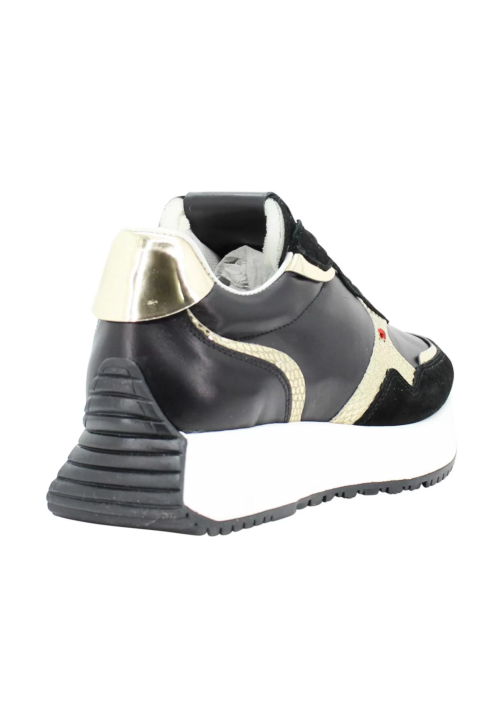 Sneakers Donna In Pelle Nera Con Riporti In Pelle Oro E Zeppa In Gomma Bianca*Gio + Best