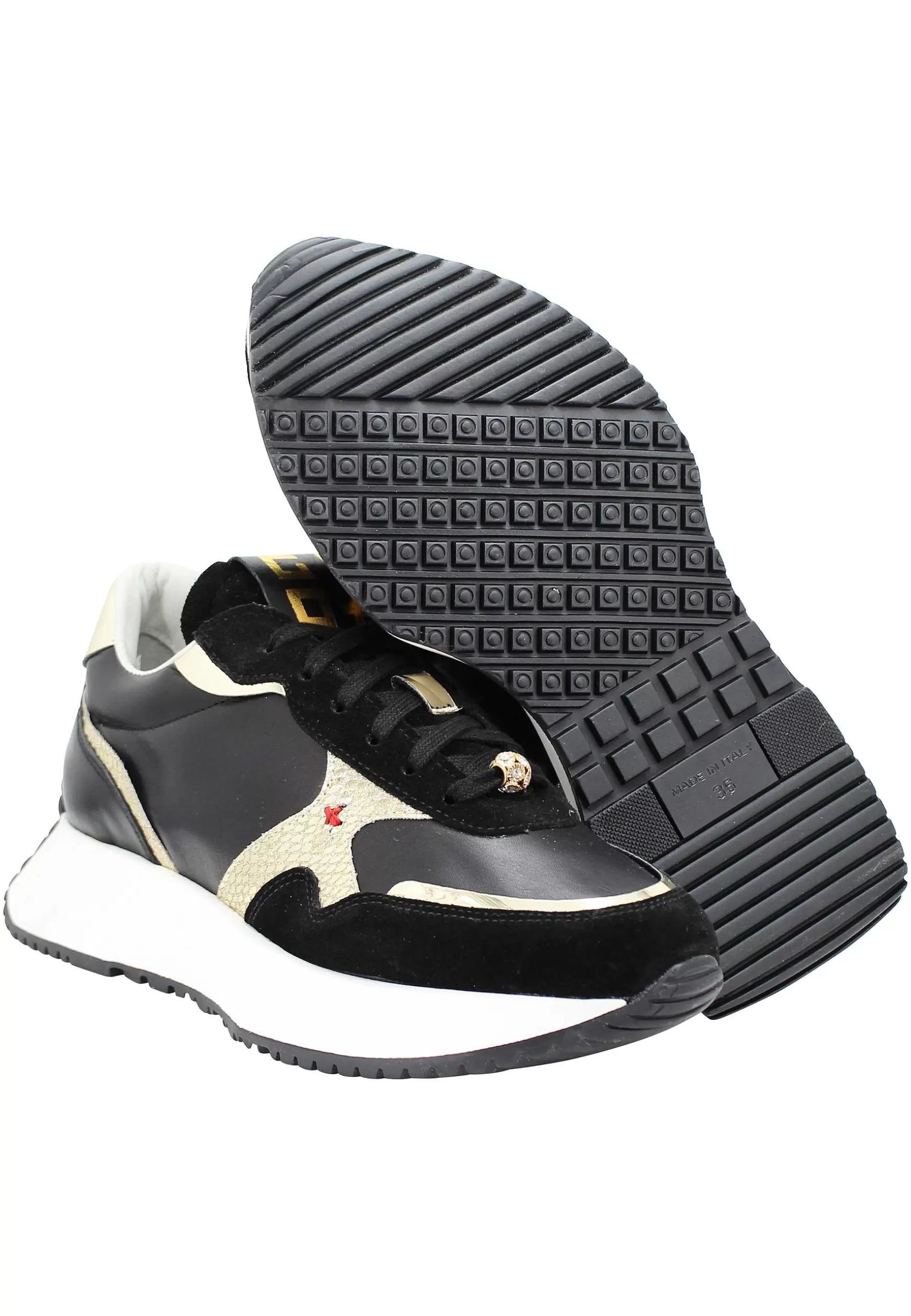 Sneakers Donna In Pelle Nera Con Riporti In Pelle Oro E Zeppa In Gomma Bianca*Gio + Best