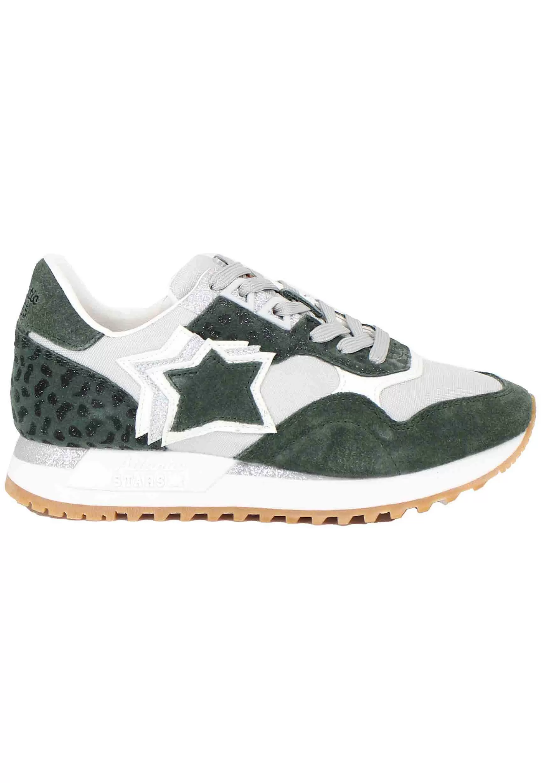 Sneakers Ghalac Donna In Pelle Verde E Tessuto Animalier Con Stelle In Tinta*Atlantic Star New