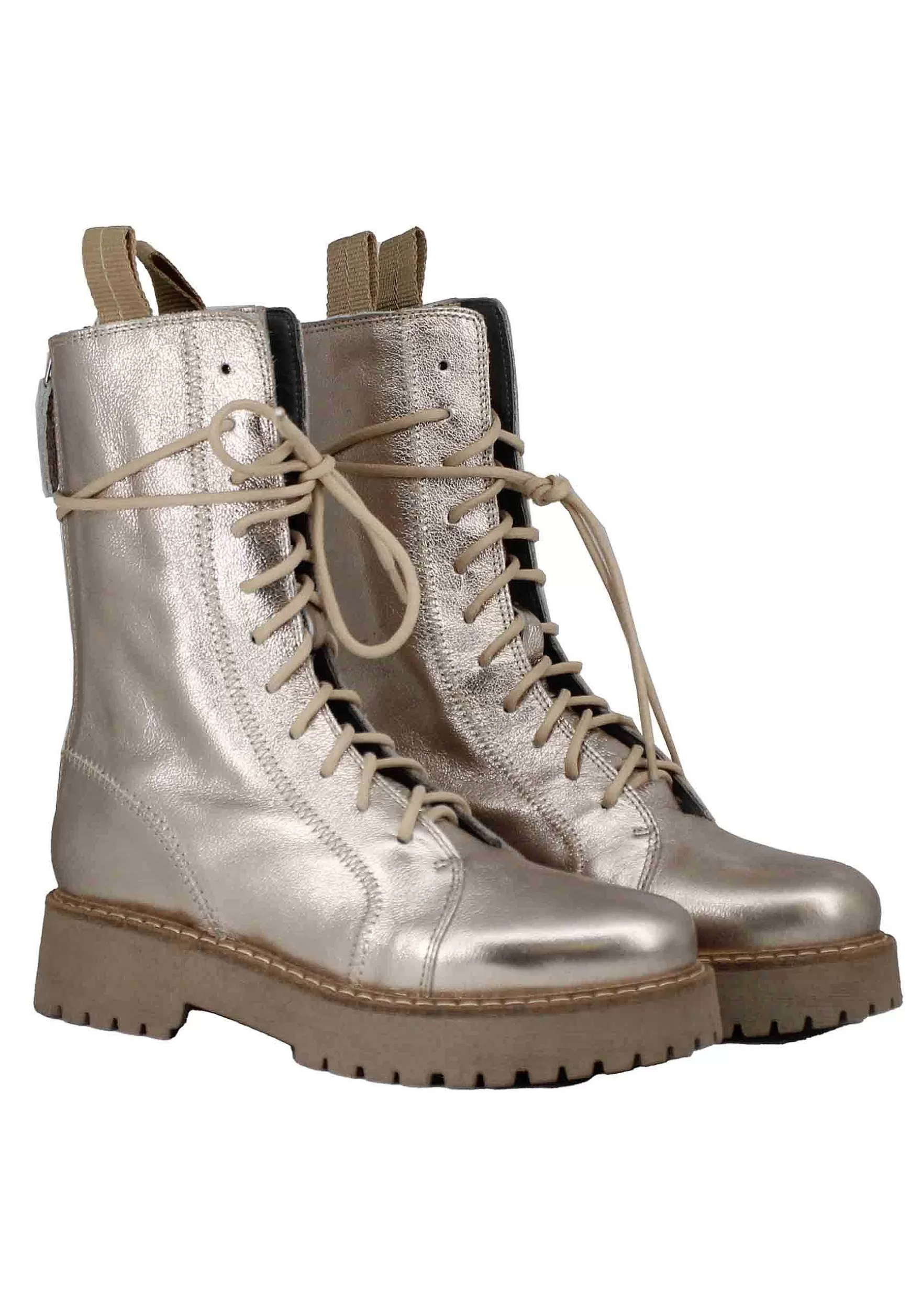 Stivaletti Anfibi Donna In Pelle Laminata Platino Con Suola Carrarmato*Patrizia Bonfanti Outlet