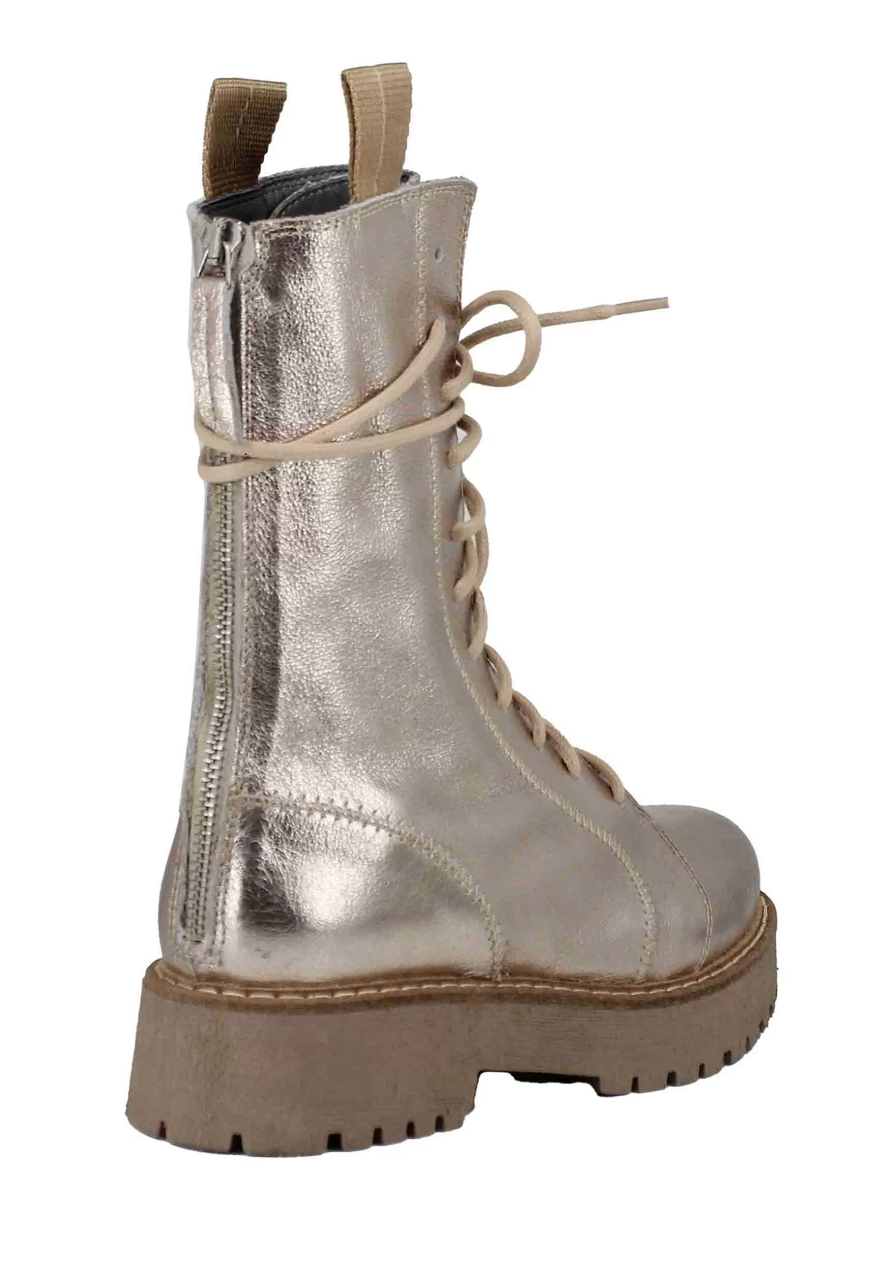 Stivaletti Anfibi Donna In Pelle Laminata Platino Con Suola Carrarmato*Patrizia Bonfanti Outlet