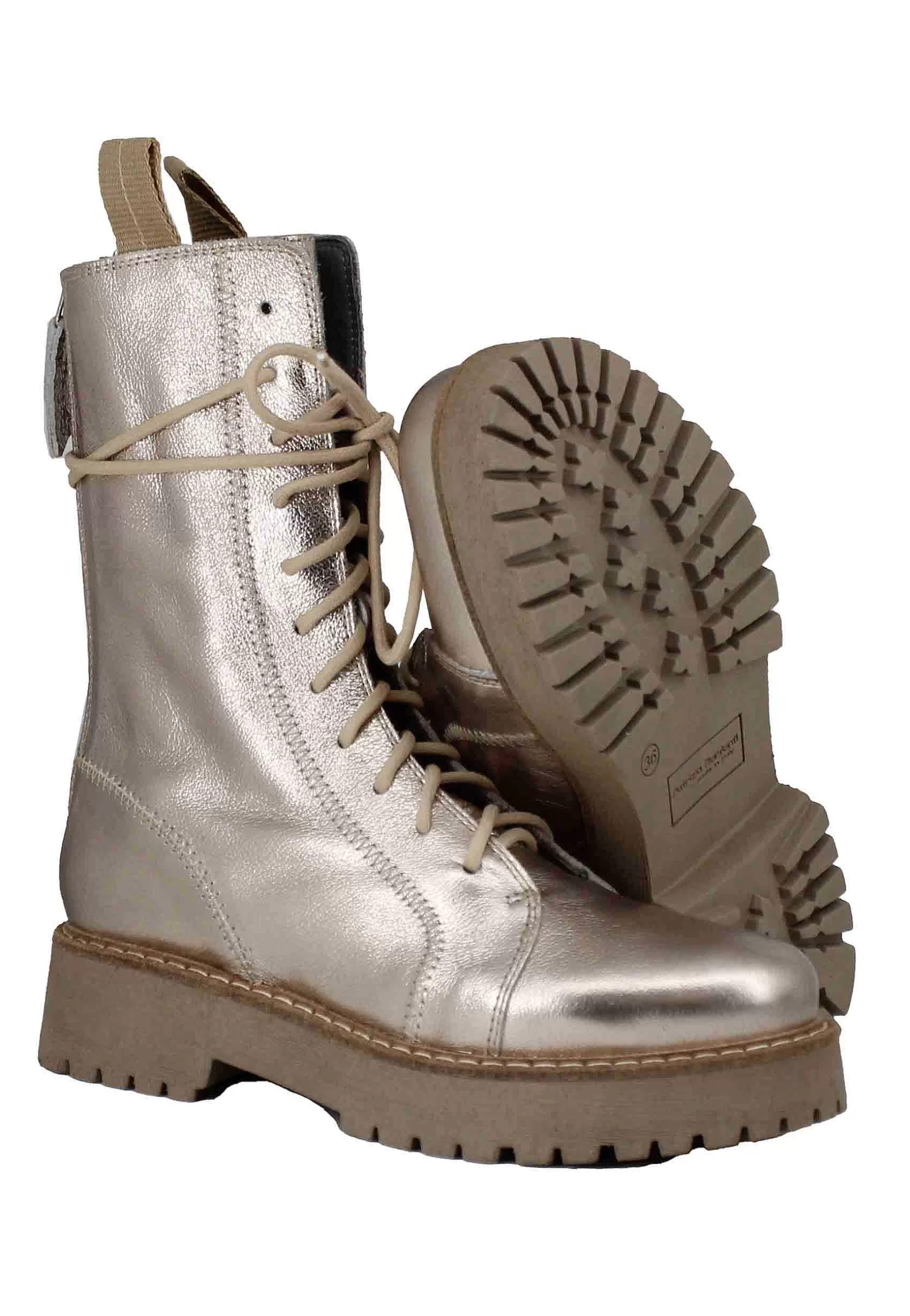 Stivaletti Anfibi Donna In Pelle Laminata Platino Con Suola Carrarmato*Patrizia Bonfanti Outlet