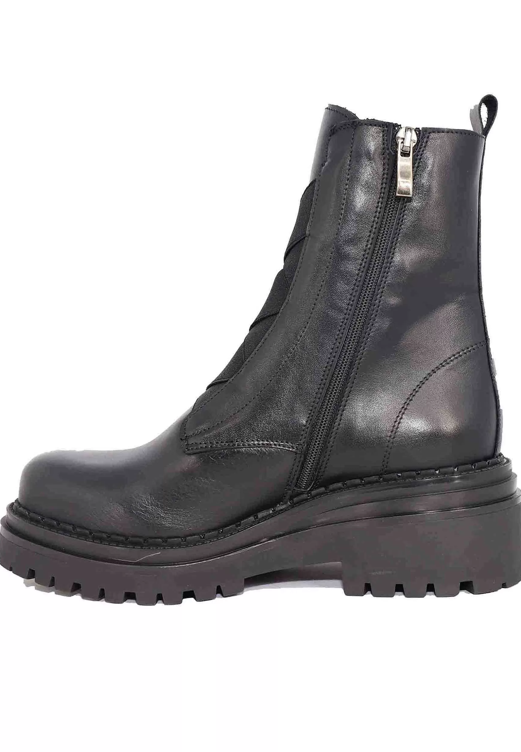 Stivaletti Anfibi Donna In Pelle Nera Con Punta Tonda E Suola In Gomma*Tattoo Discount