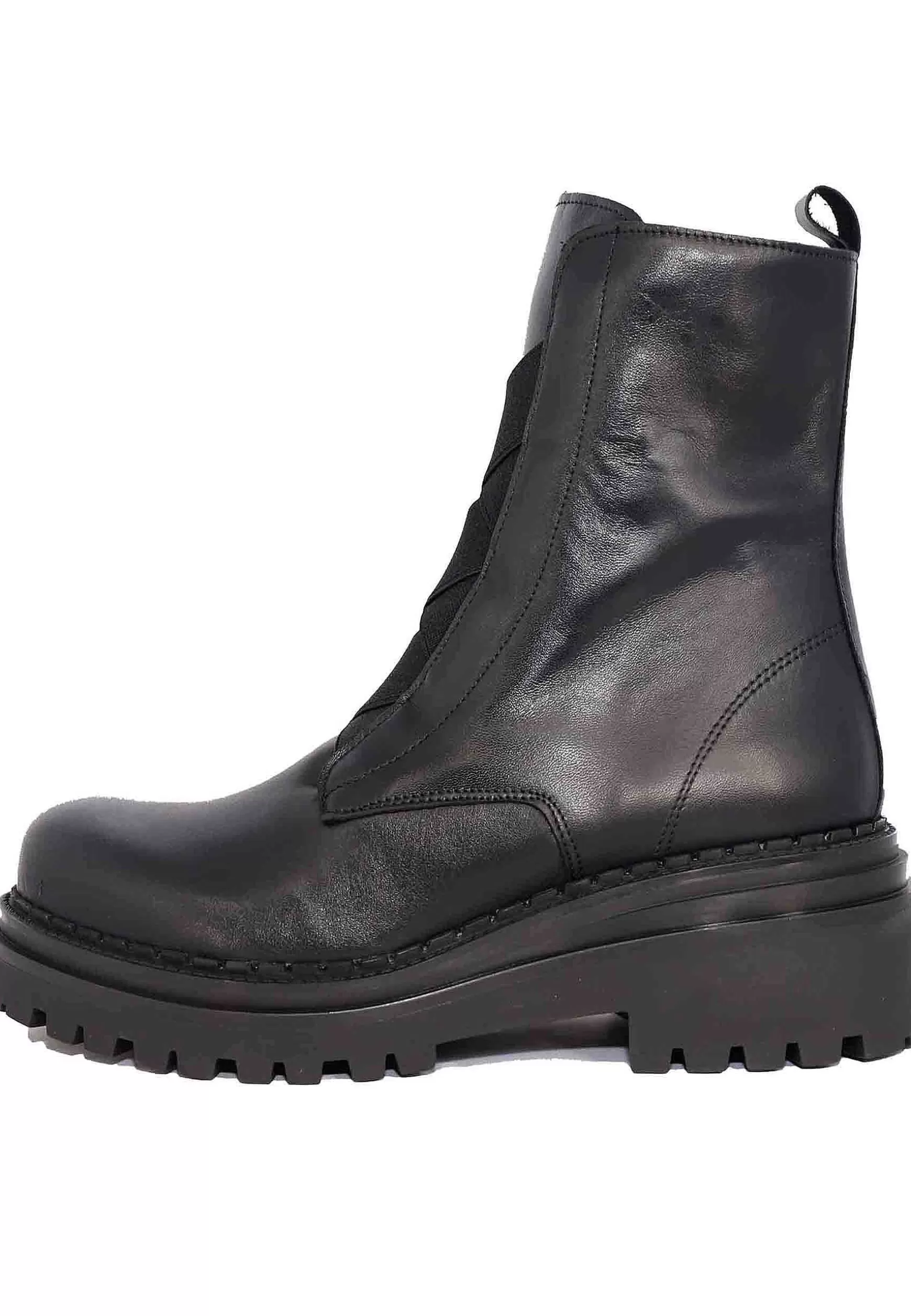 Stivaletti Anfibi Donna In Pelle Nera Con Punta Tonda E Suola In Gomma*Tattoo Discount