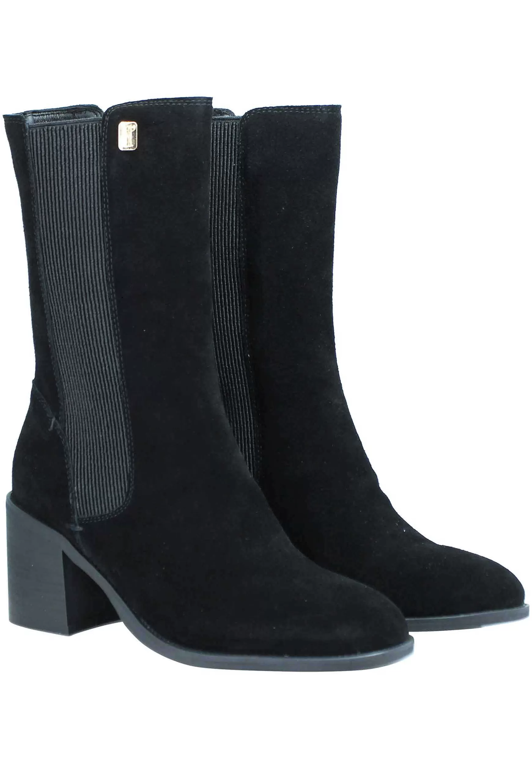 Stivaletti Beatles Donna In Camoscio Nero Con Punta Tonda E Tacco In Cuoio*Manufacture D Fashion