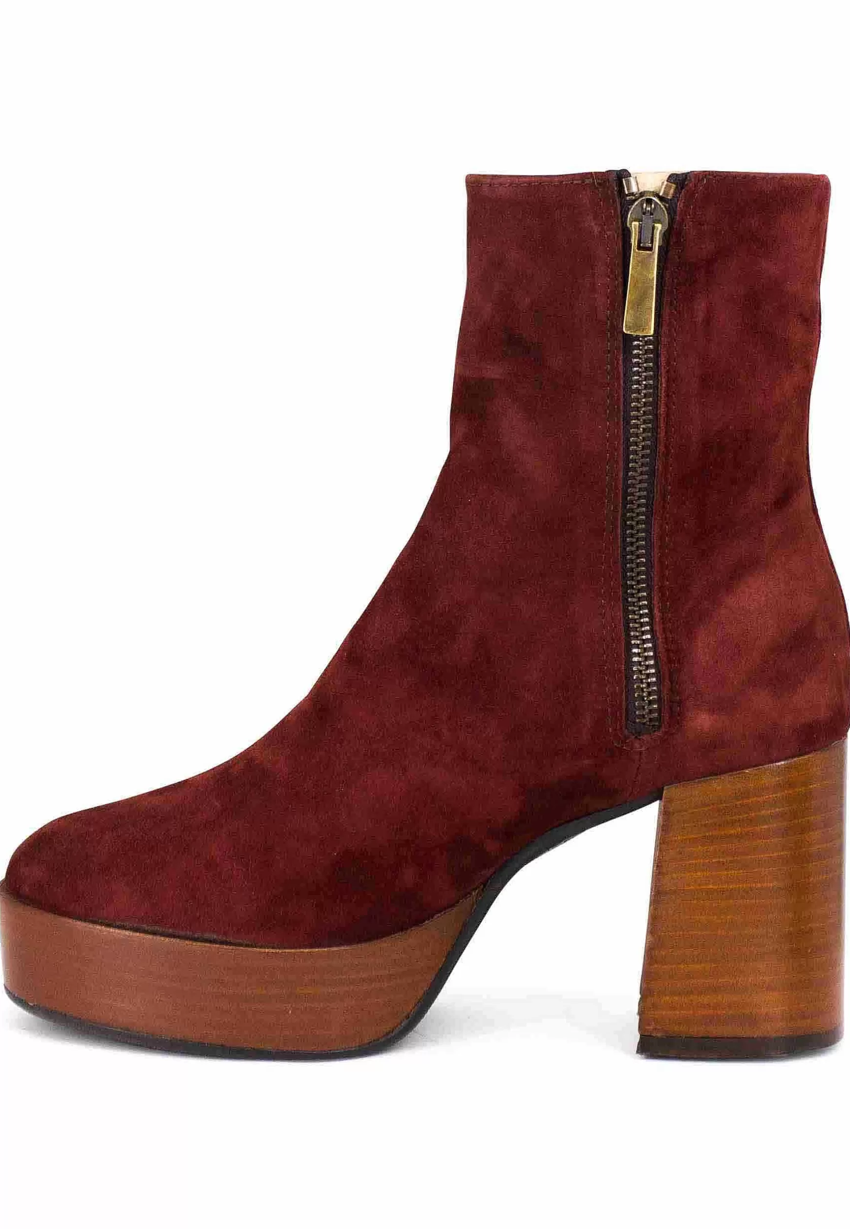 Stivaetti Donna In Camoscio Mattone Con Tacco Ato E Pateau Con Zip aterae Di Chiusura*L Sale