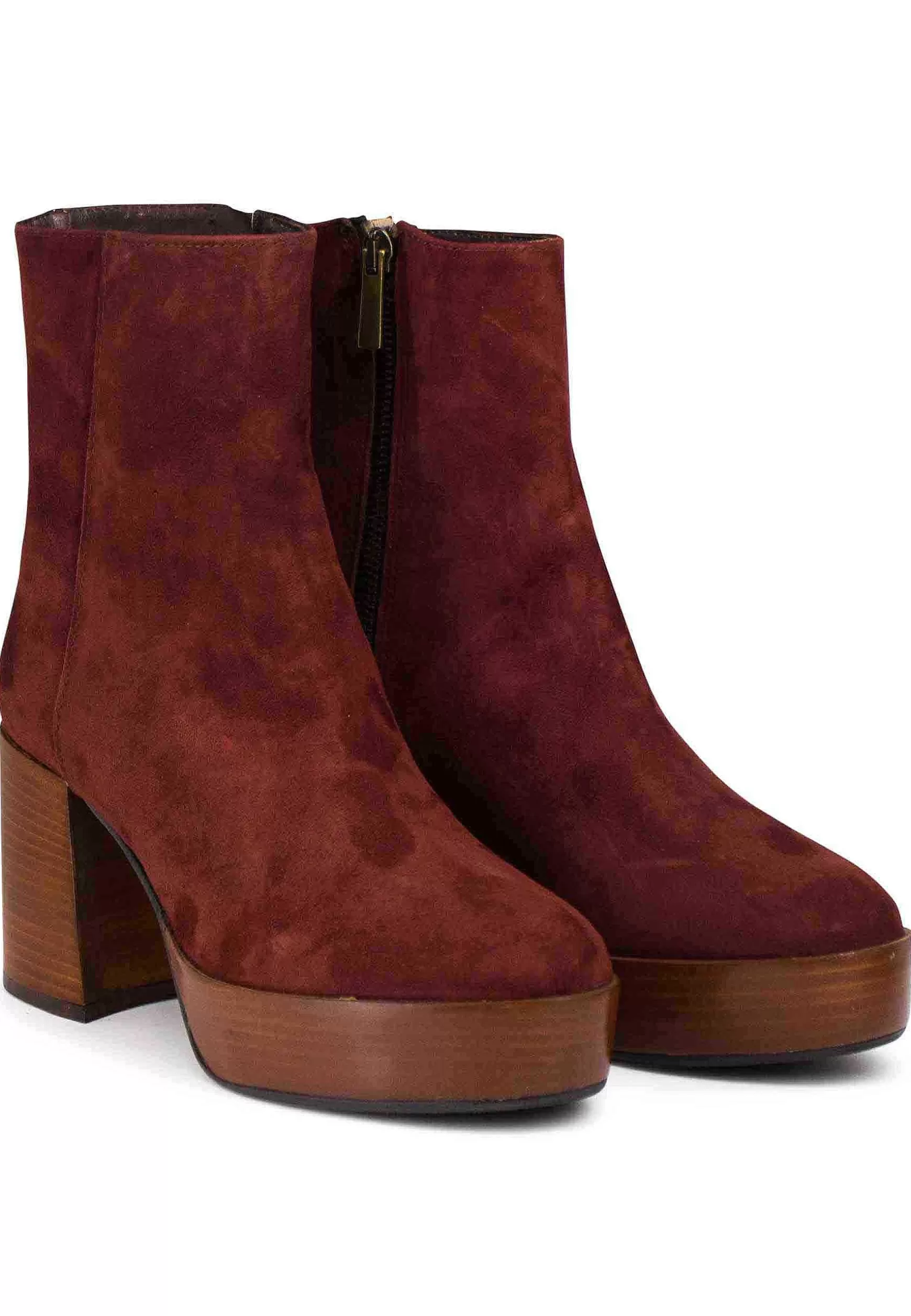 Stivaetti Donna In Camoscio Mattone Con Tacco Ato E Pateau Con Zip aterae Di Chiusura*L Sale