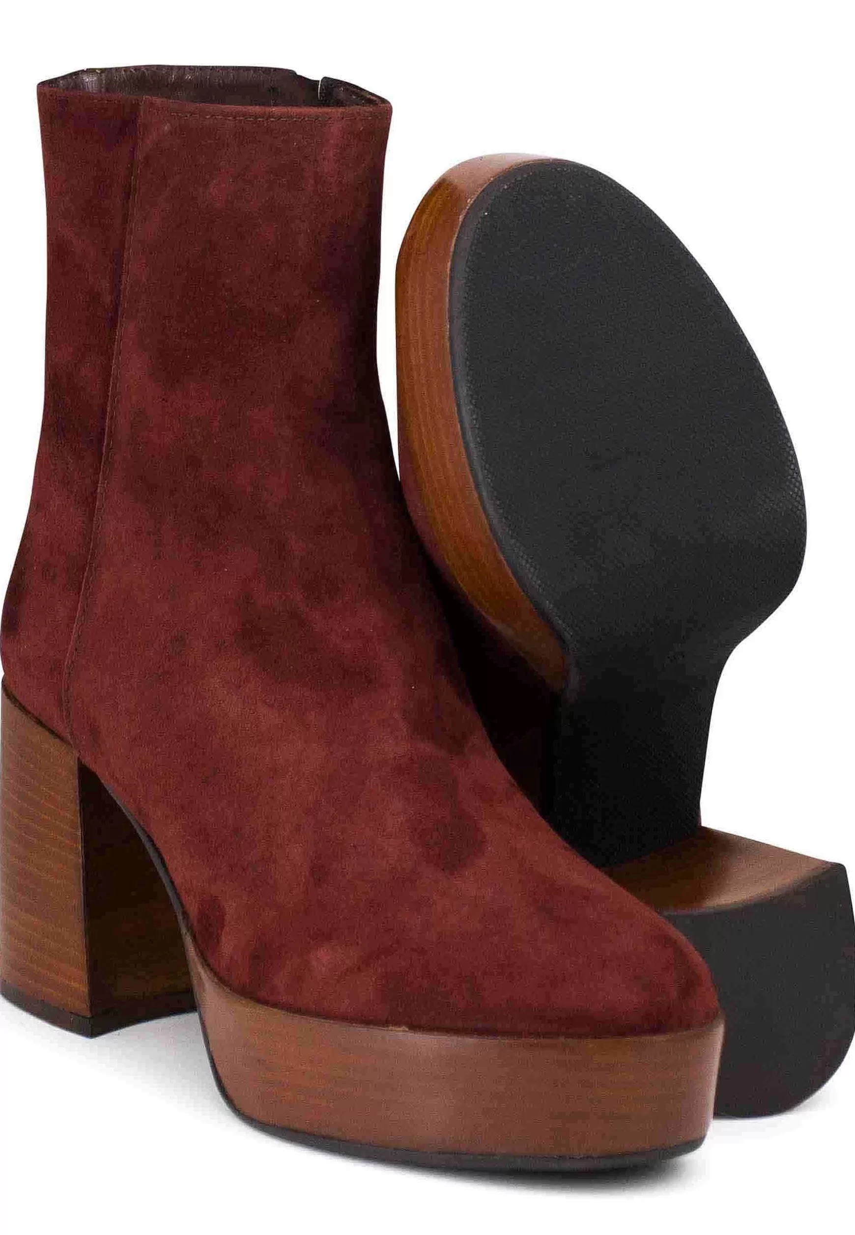Stivaetti Donna In Camoscio Mattone Con Tacco Ato E Pateau Con Zip aterae Di Chiusura*L Sale