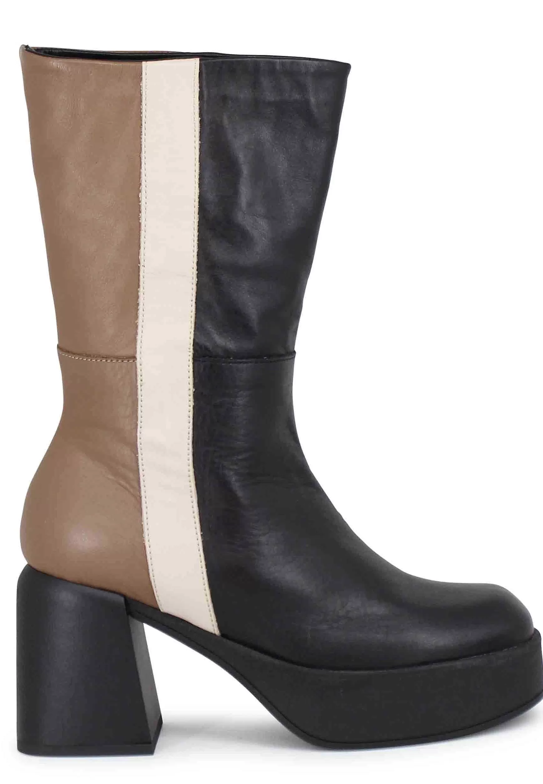 Stivaletti Donna In Pelle Nera E Taupe Con Tacco E Plateau*Patrizia Bonfanti Discount