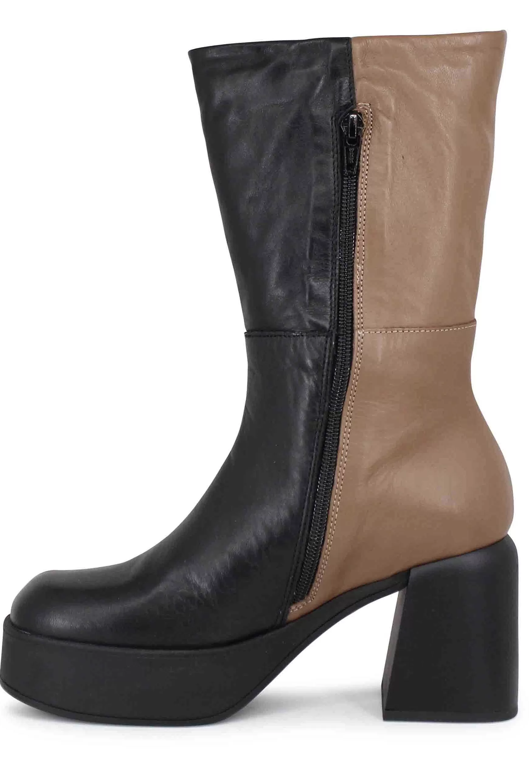 Stivaletti Donna In Pelle Nera E Taupe Con Tacco E Plateau*Patrizia Bonfanti Discount