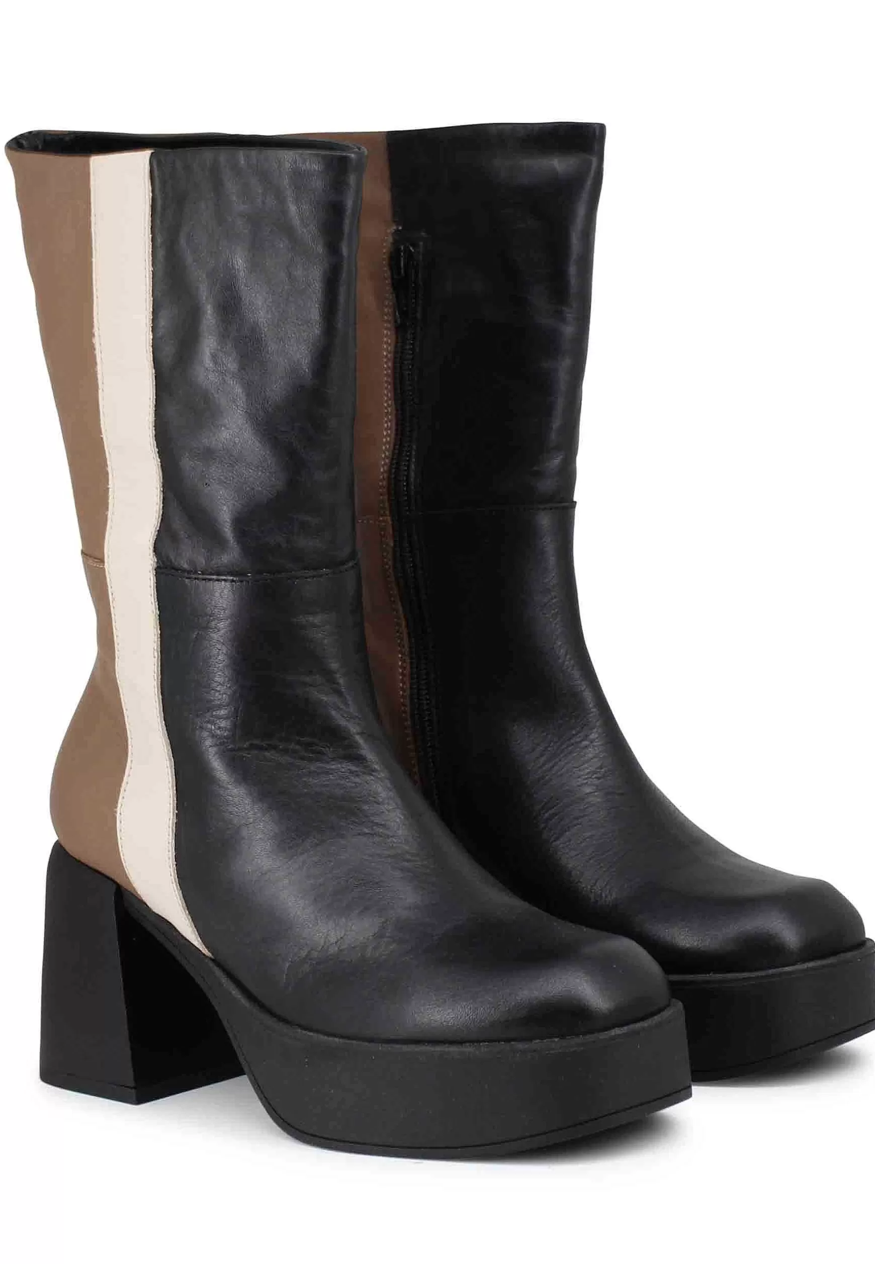 Stivaletti Donna In Pelle Nera E Taupe Con Tacco E Plateau*Patrizia Bonfanti Discount