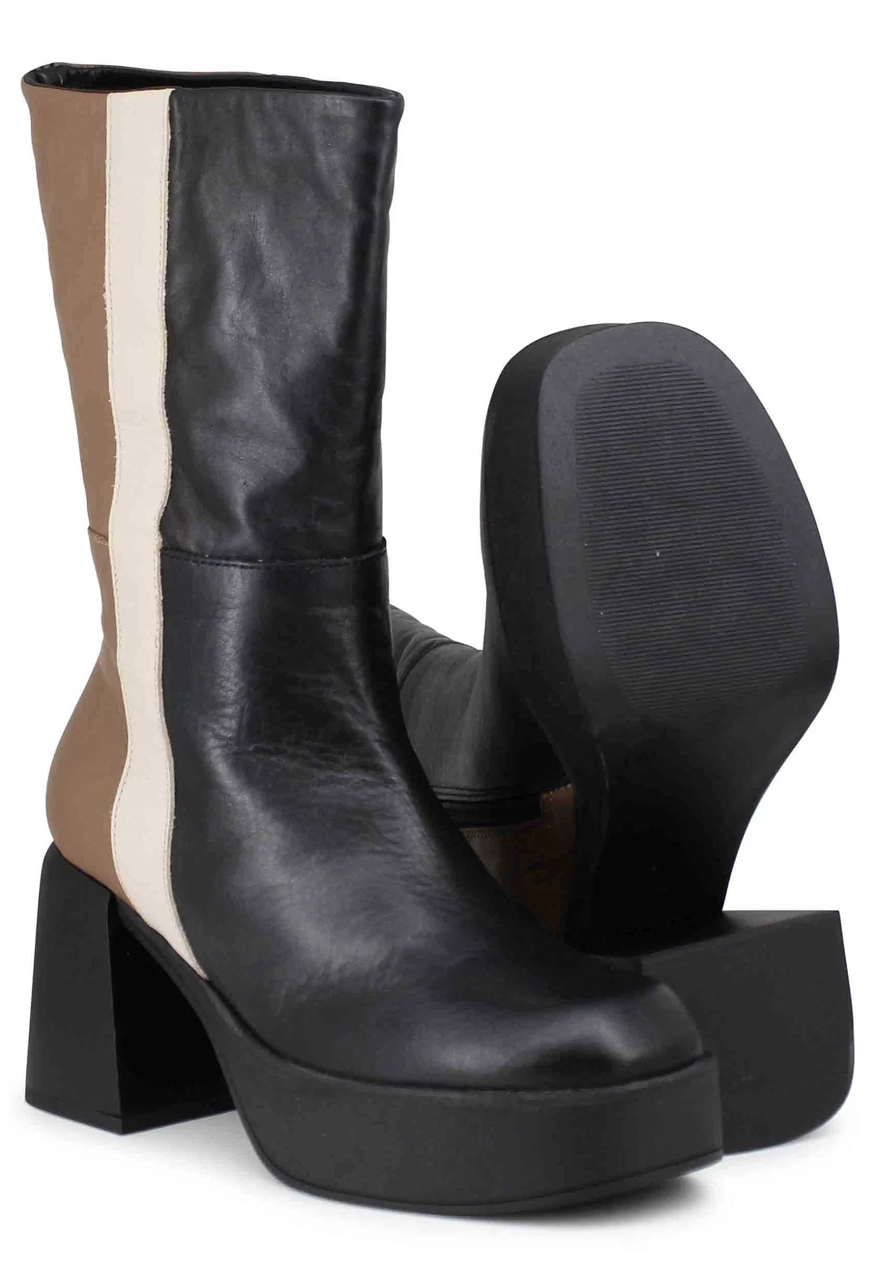Stivaletti Donna In Pelle Nera E Taupe Con Tacco E Plateau*Patrizia Bonfanti Discount