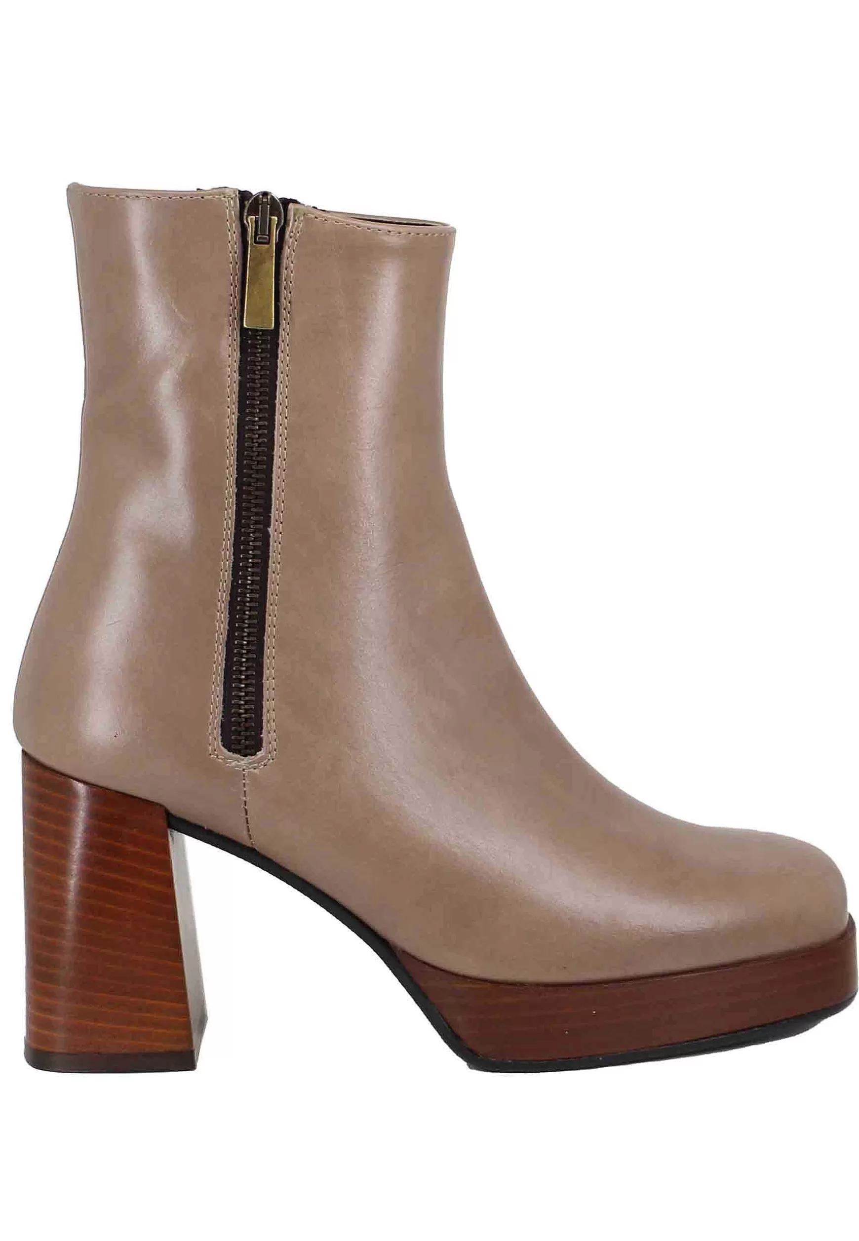 Stivaetti Donna In Pee Taupe Con Tacco Ato E Pateau Con Zip Esterna*L Outlet