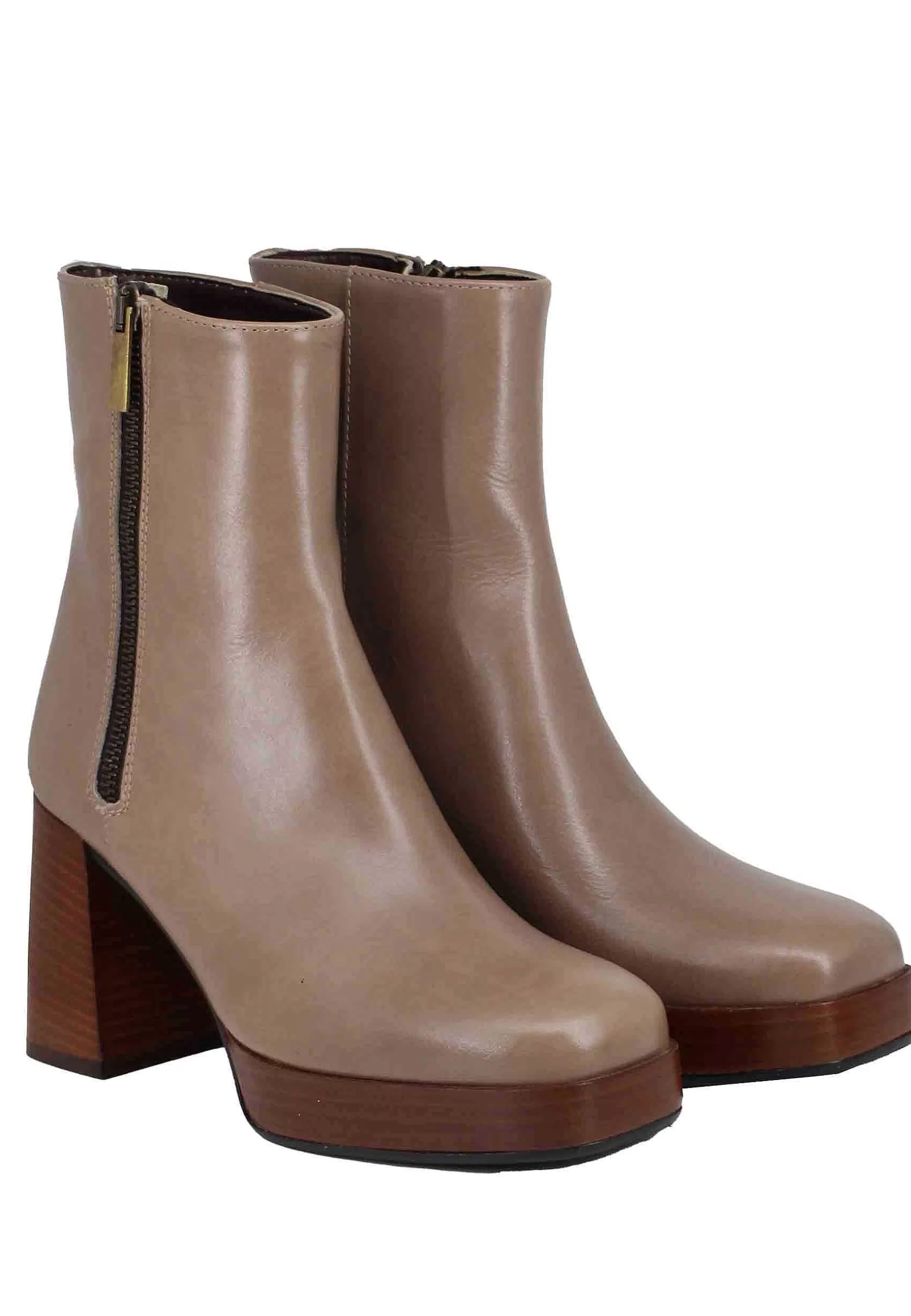 Stivaetti Donna In Pee Taupe Con Tacco Ato E Pateau Con Zip Esterna*L Outlet
