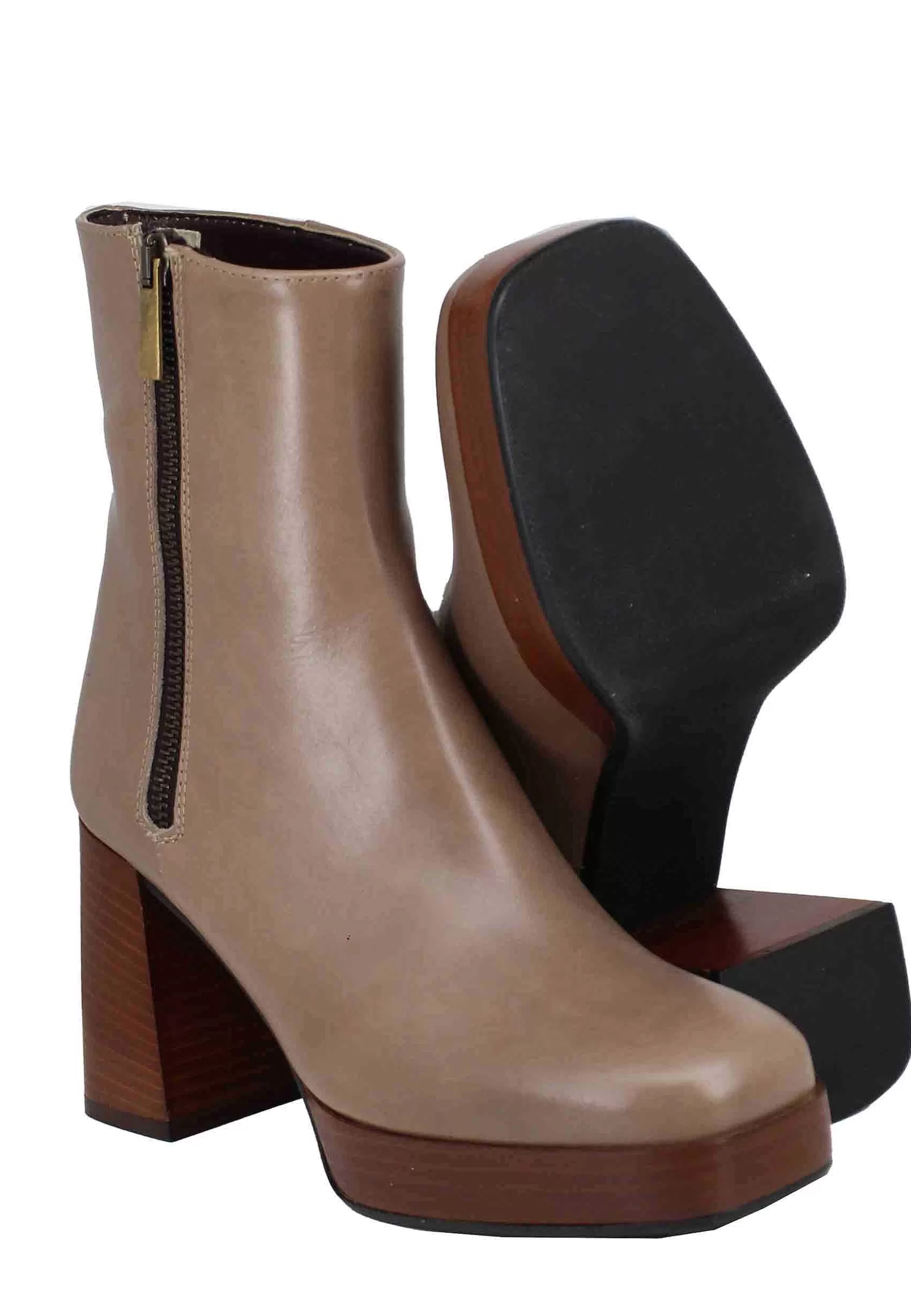 Stivaetti Donna In Pee Taupe Con Tacco Ato E Pateau Con Zip Esterna*L Outlet
