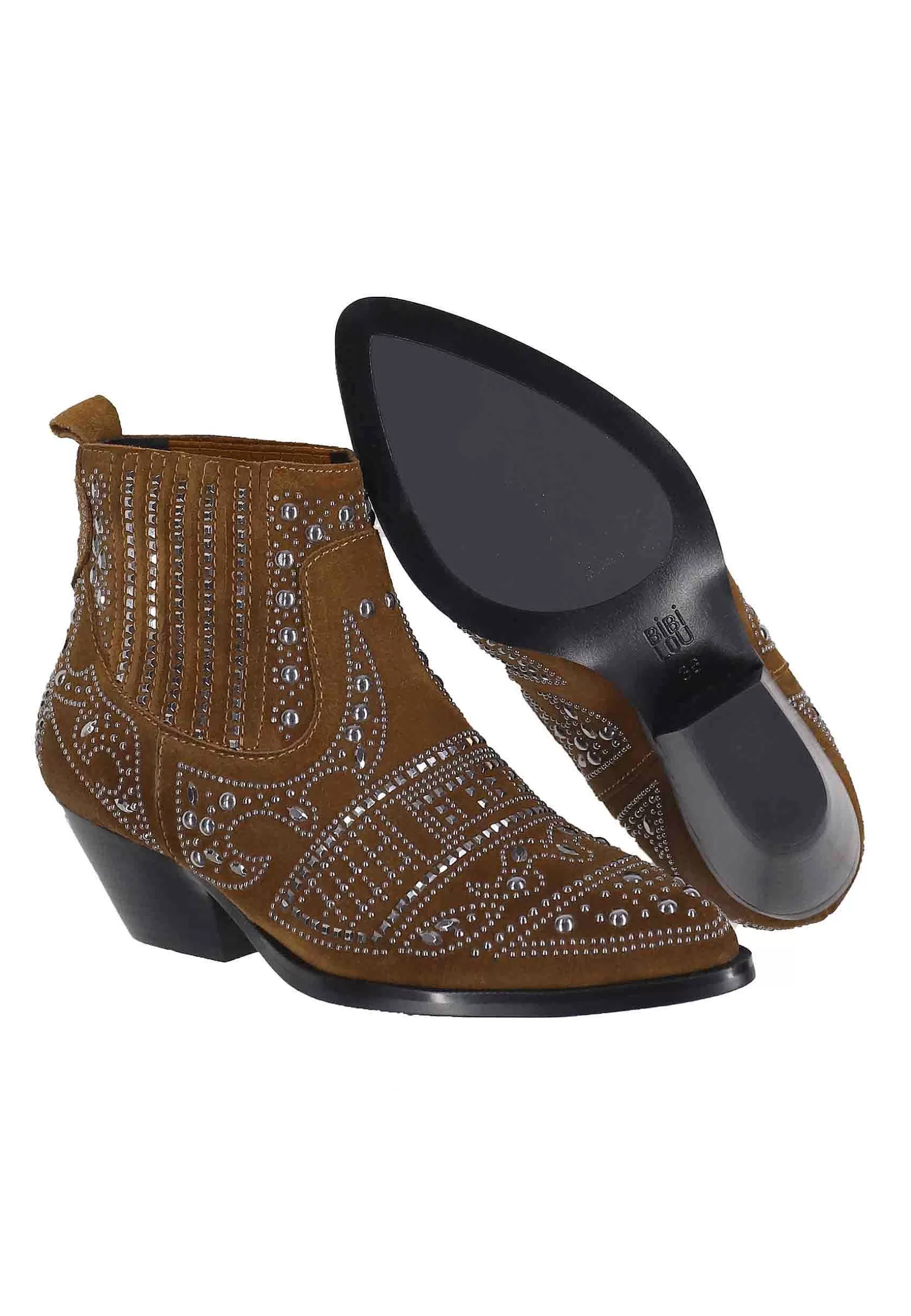 Stivaletti Texani Donna In Camoscio Cuoio Con Borchie E Tacco Basso Soho*Bibi Lou Shop