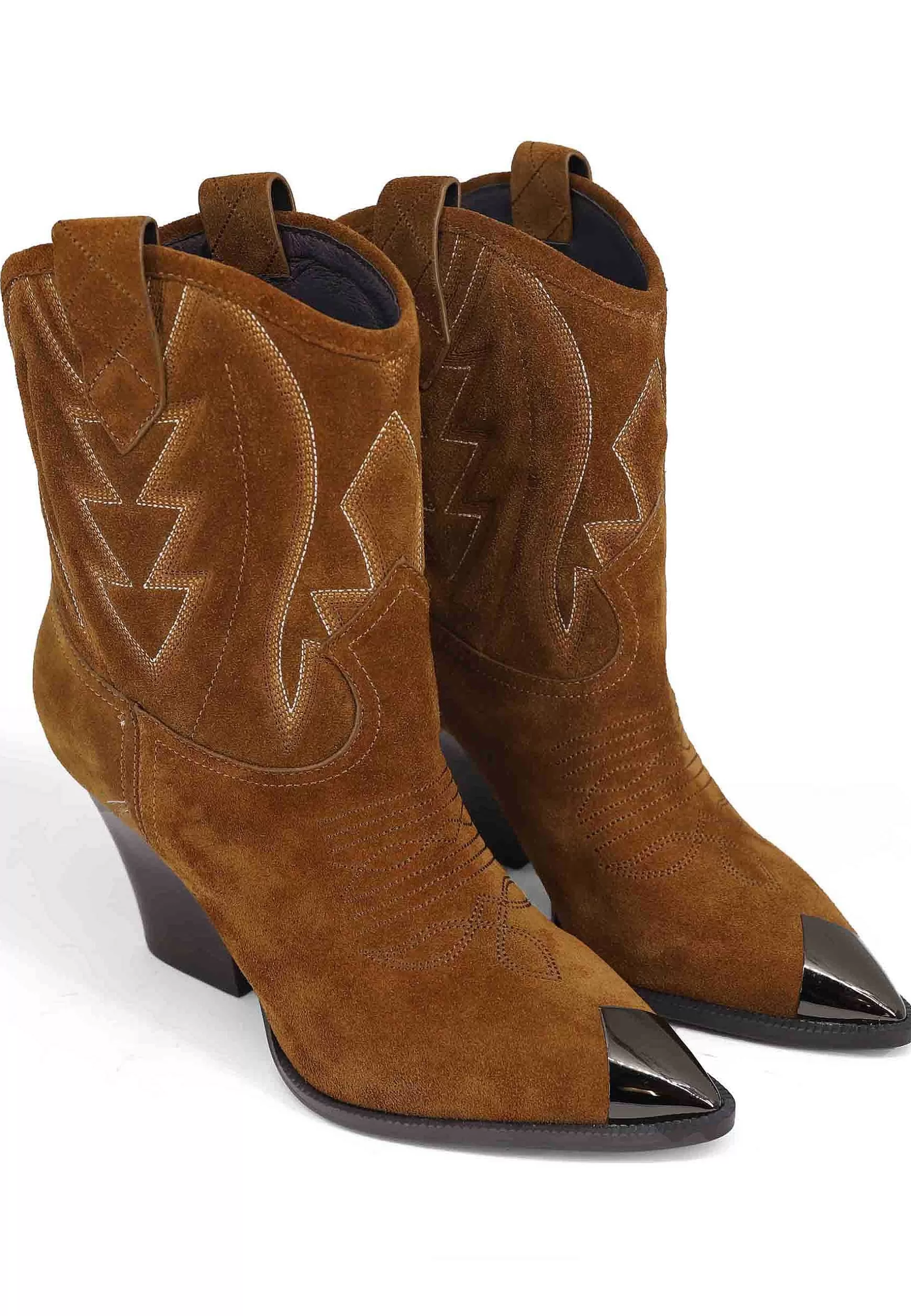 Stivaletti Texani Donna In Camoscio Cuoio Con Cuciture In Contrasto E Puntale In Acciaio Gambels*Lola Cruz Fashion