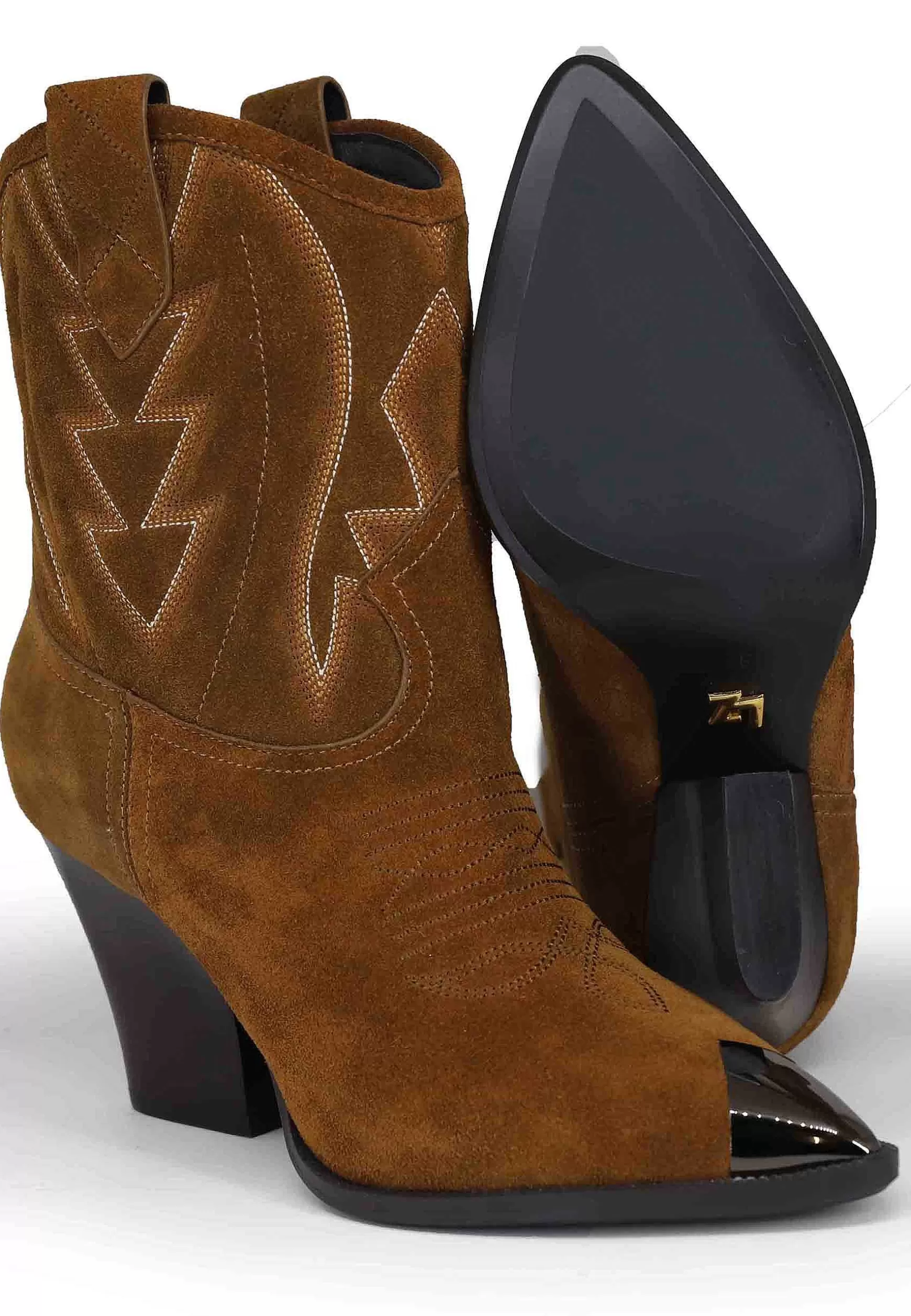 Stivaletti Texani Donna In Camoscio Cuoio Con Cuciture In Contrasto E Puntale In Acciaio Gambels*Lola Cruz Fashion