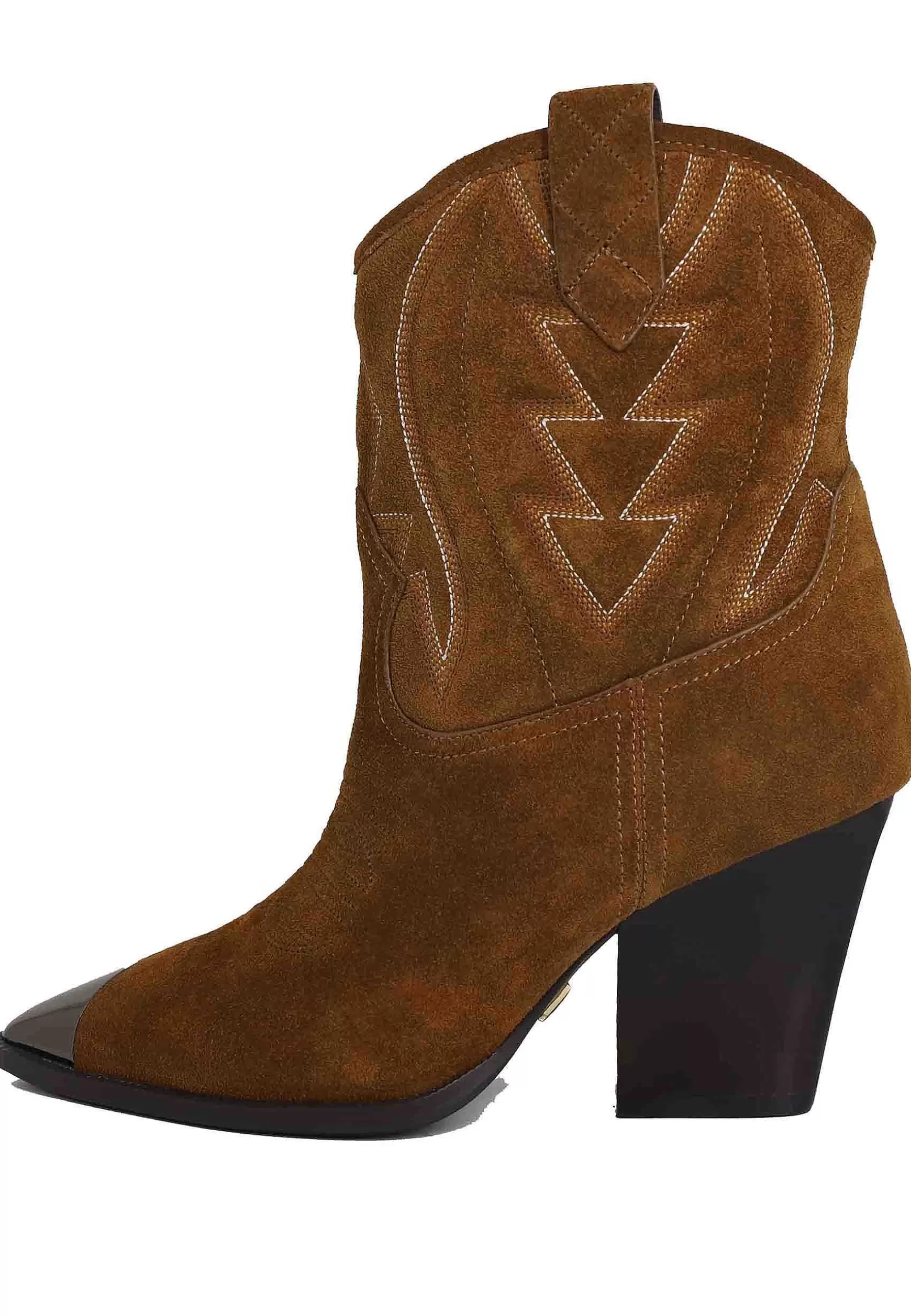 Stivaletti Texani Donna In Camoscio Cuoio Con Cuciture In Contrasto E Puntale In Acciaio Gambels*Lola Cruz Fashion